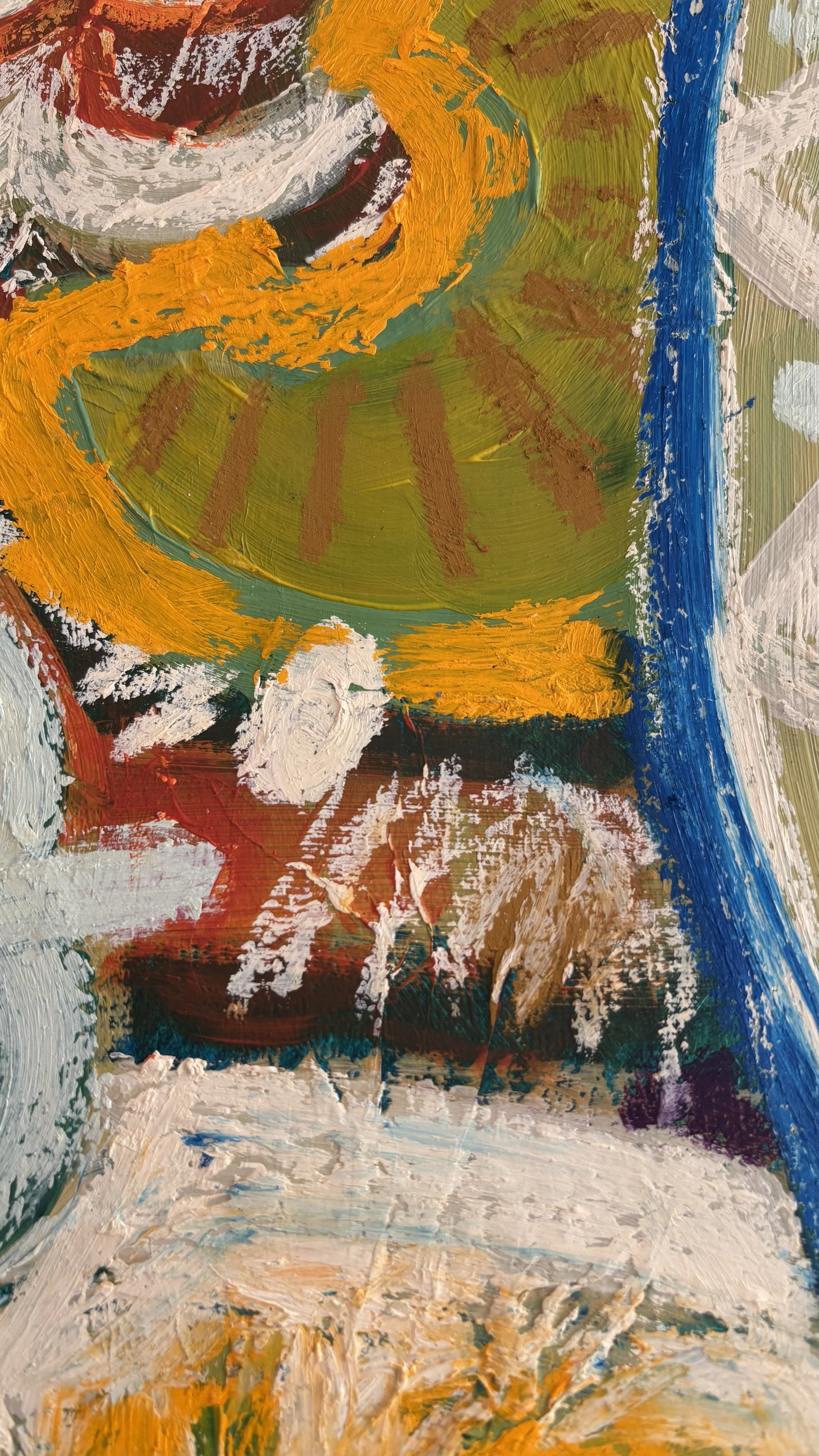 Textured abstract art detail with a striped olive green oval on orange, scattered cream marks over terracotta and brown, and a sweeping deep blue border.