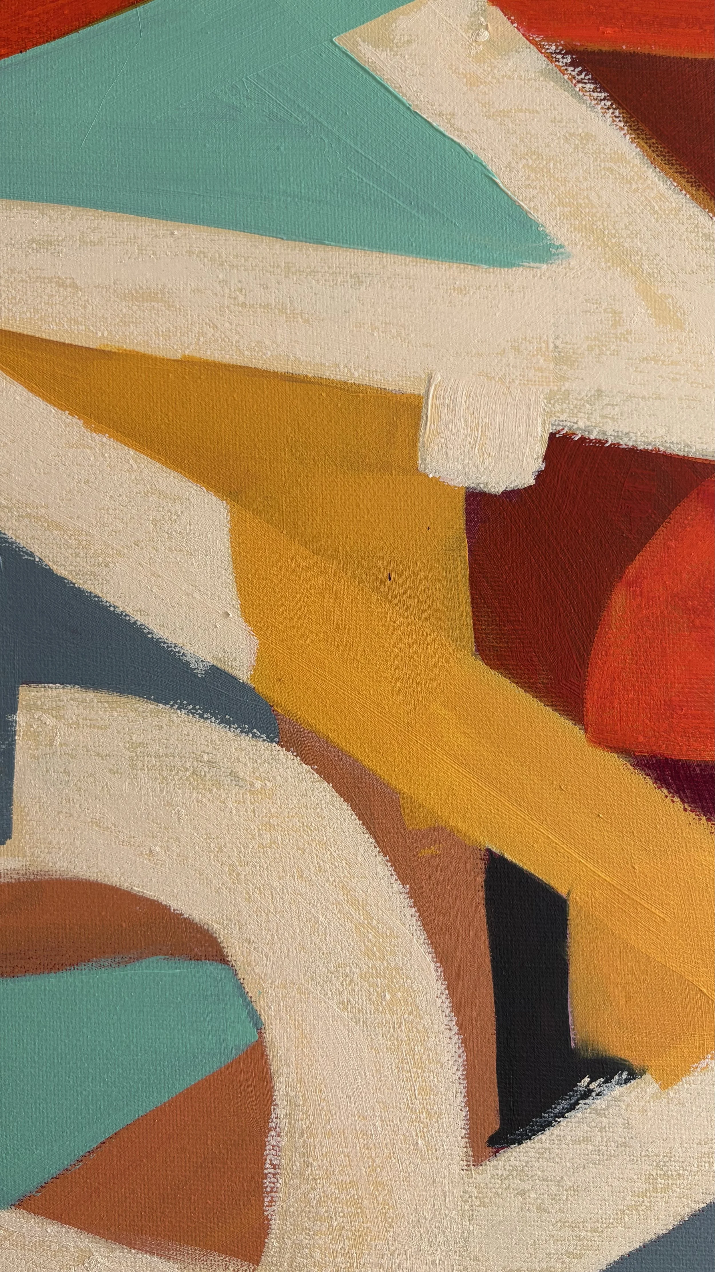 Close-up of Bread Sandwich and Gravy, an acrylic and oil abstract painting, showing fragmented cream letterforms, ochre and mint green shapes, layered brushstrokes and visible canvas texture.
