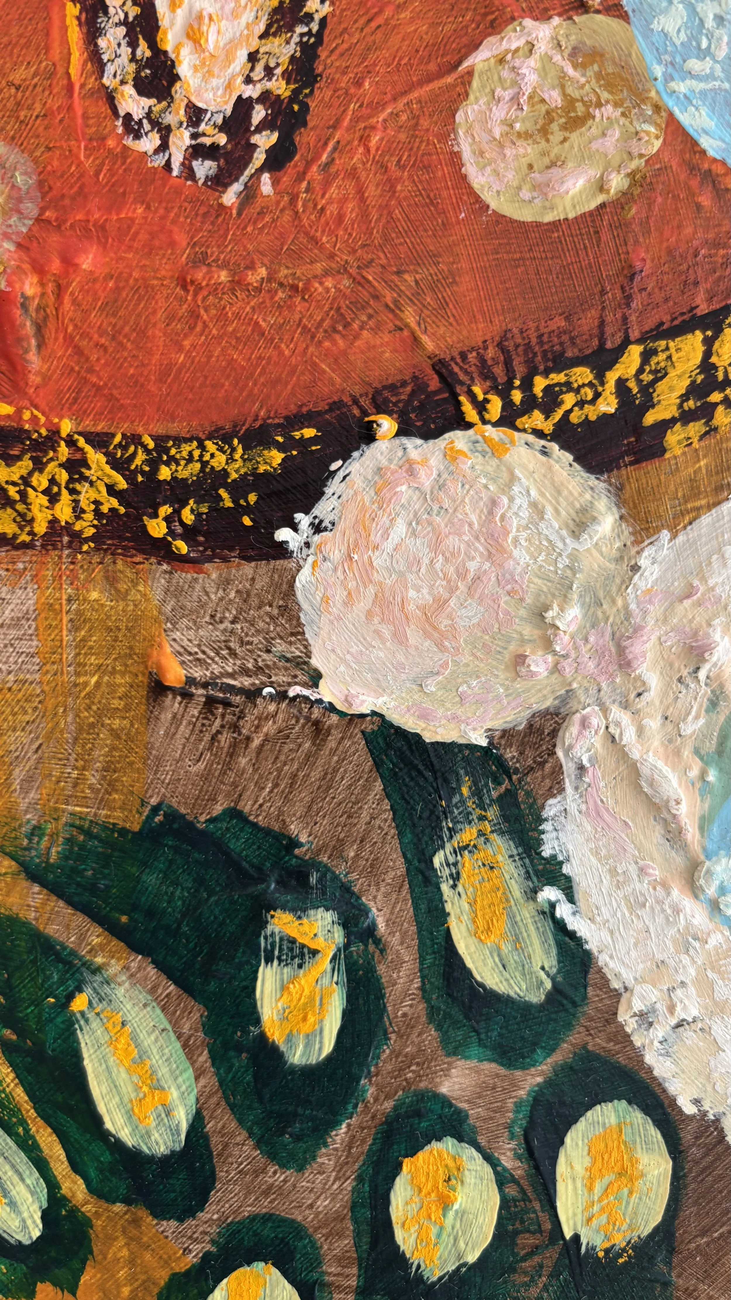 Textured abstract painting detail showing overlapping pale pink circular forms beneath a black and yellow curved band, with angular brown shapes and deep green patches.