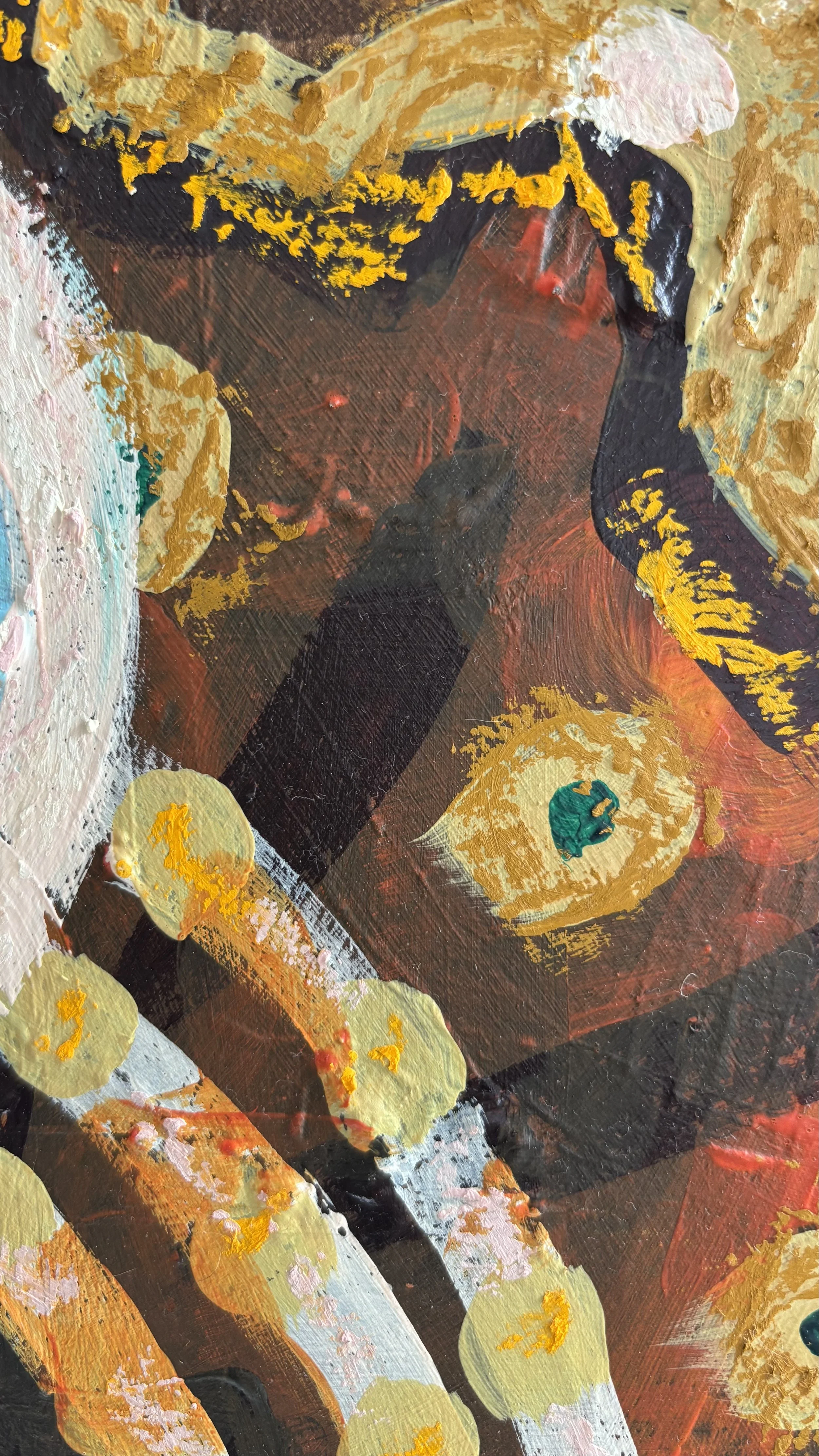 Abstract mark-making in close-up, with an ochre circle and teal centre beside a broad charcoal diagonal, pale blue curves and yellow dabs over an earthy red-brown background.