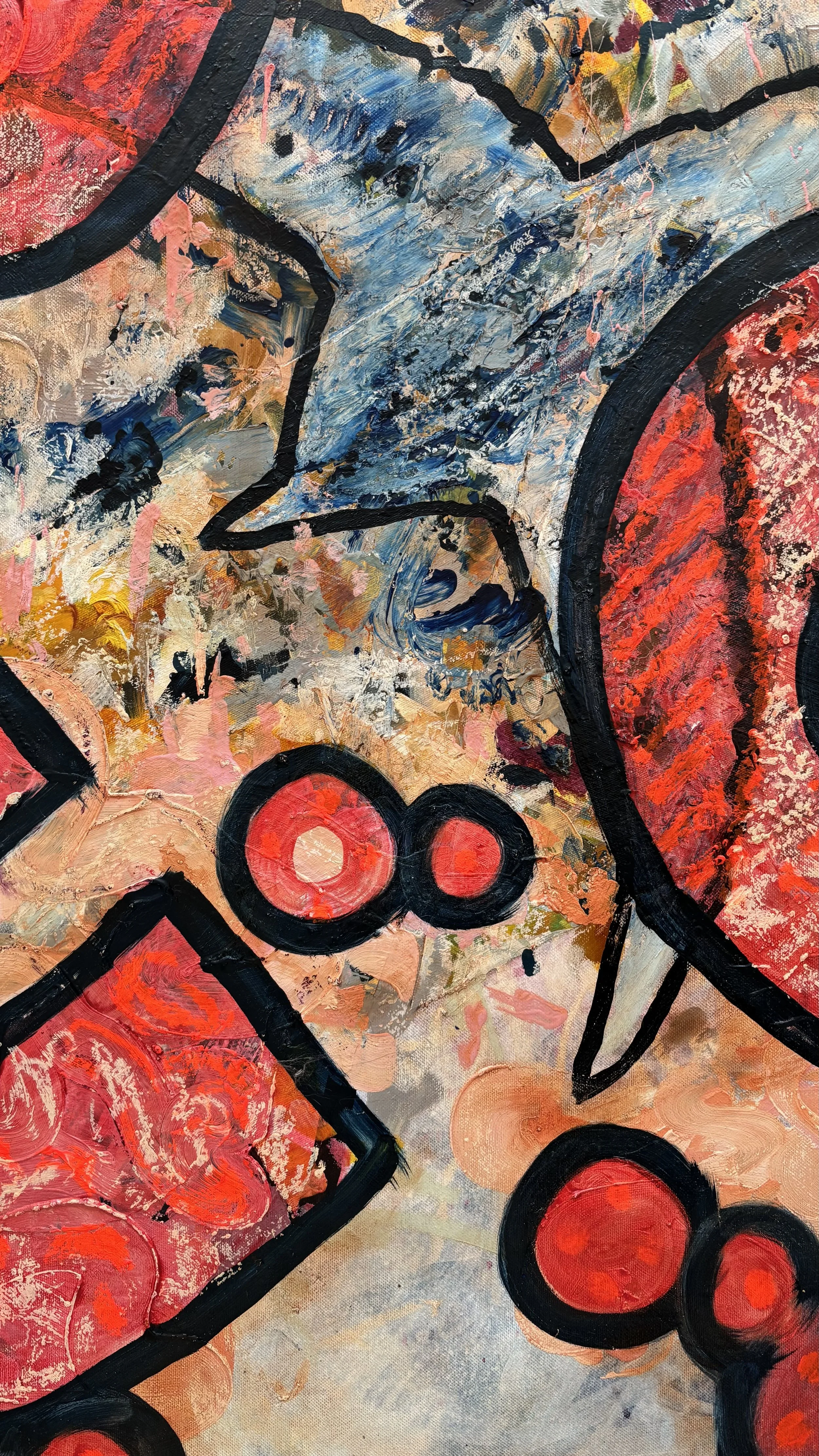 Abstract painting detail featuring two red circles joined by thick black outlines, surrounded by angular blue-grey forms, salmon pink and patches of ochre and cream.