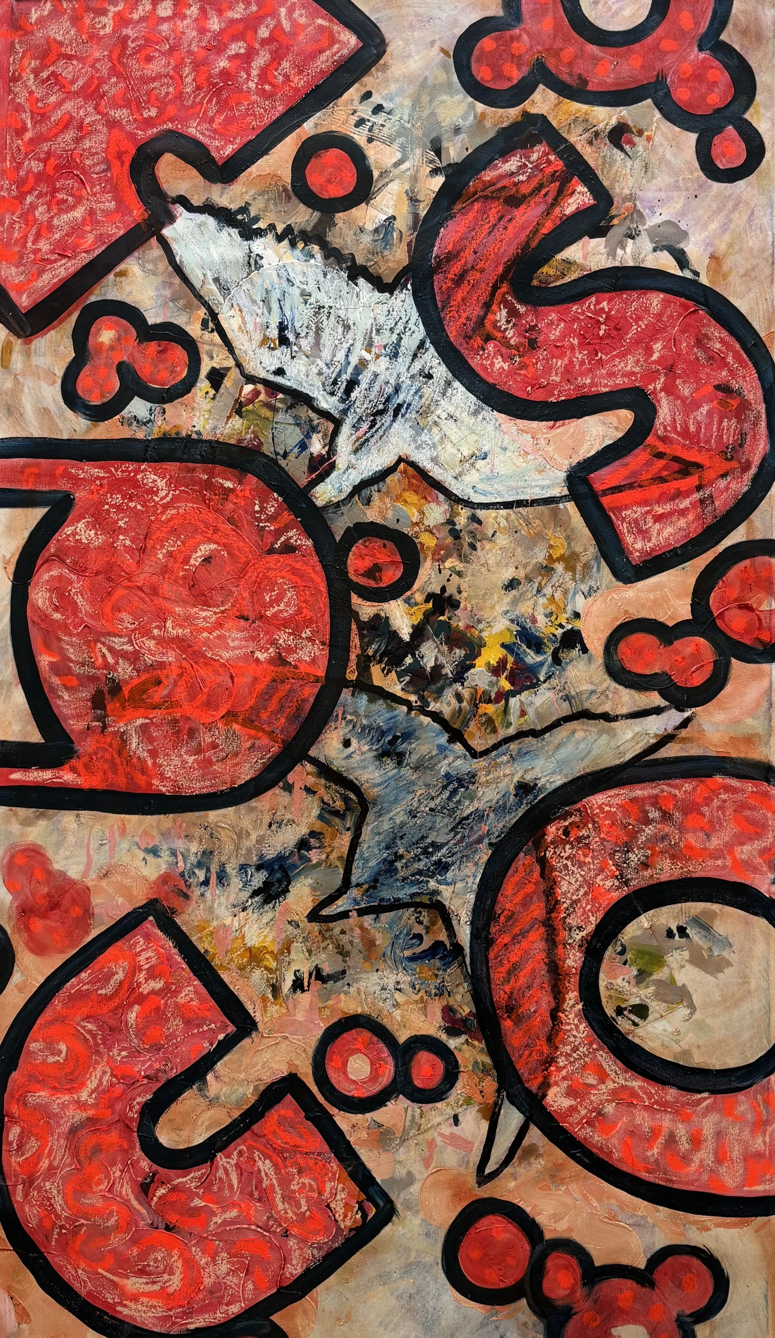 Bold abstract painting by Anastasija Sarajeva, with vivid red rounded forms, small linked circles and jagged blue-grey shapes outlined in black over a textured peach, cream and ochre background.