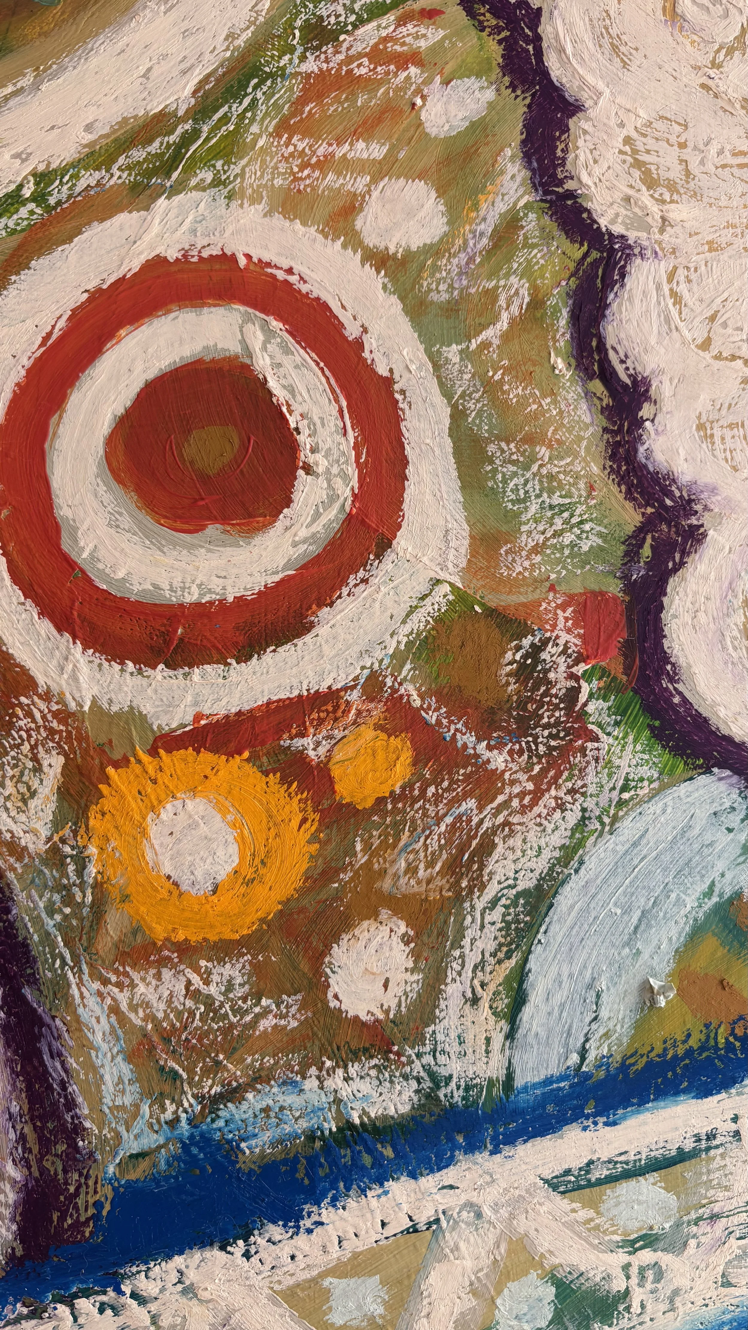 Close-up of red and cream concentric circles above a small yellow ring, surrounded by earthy brown, green and plum shapes with a mottled paint surface.