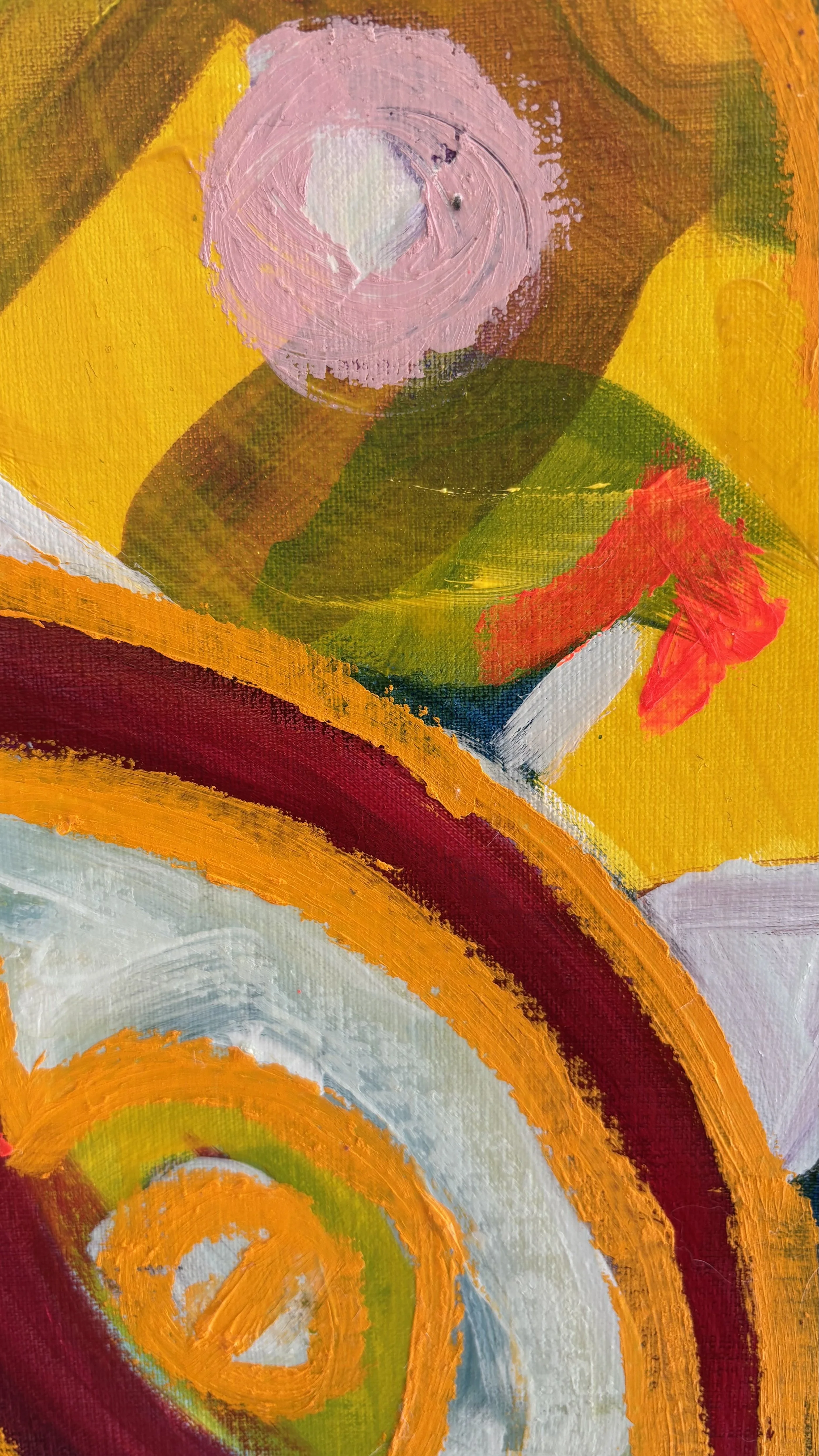 Colourful organic abstraction in close-up, with sweeping burgundy, ochre and pale blue bands beneath an olive green shape and red angular marks on yellow.