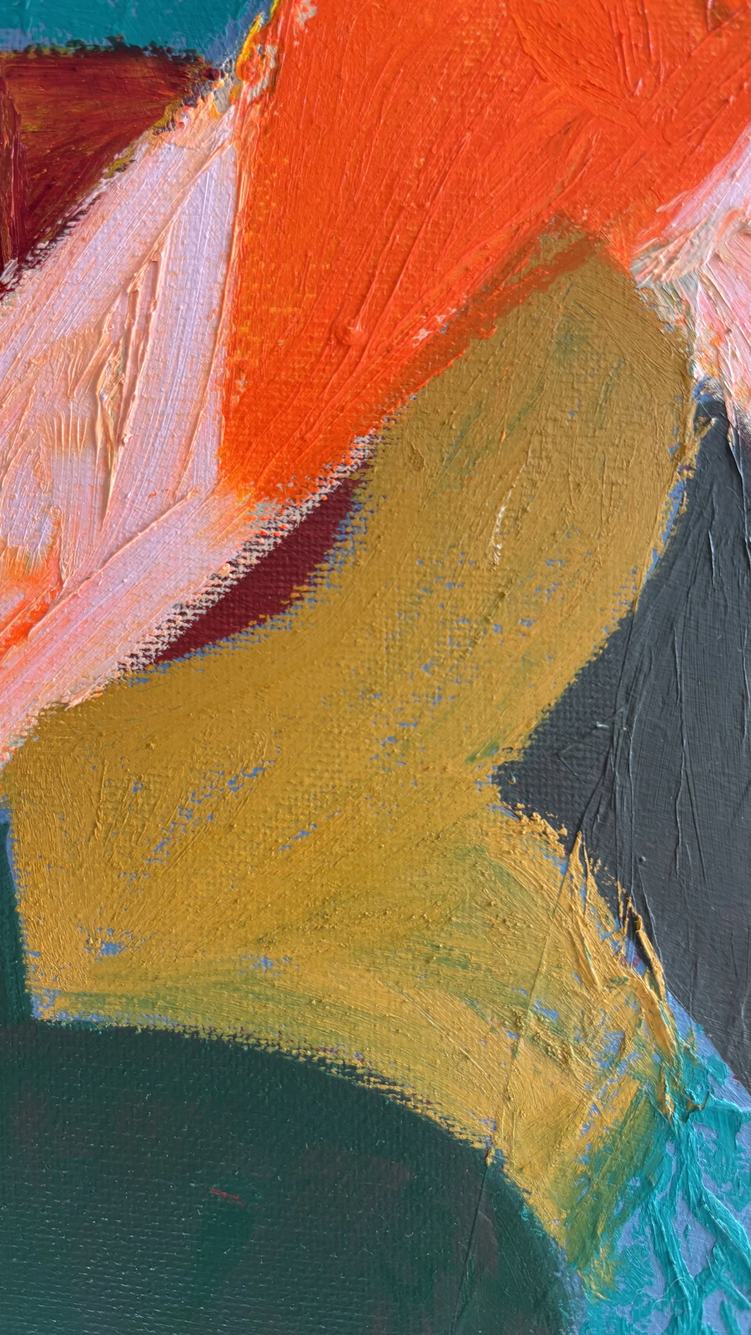 Close-up of an ochre curved shape beside charcoal grey, pink and bright orange, showing textured paint, fine brush marks and visible canvas weave.