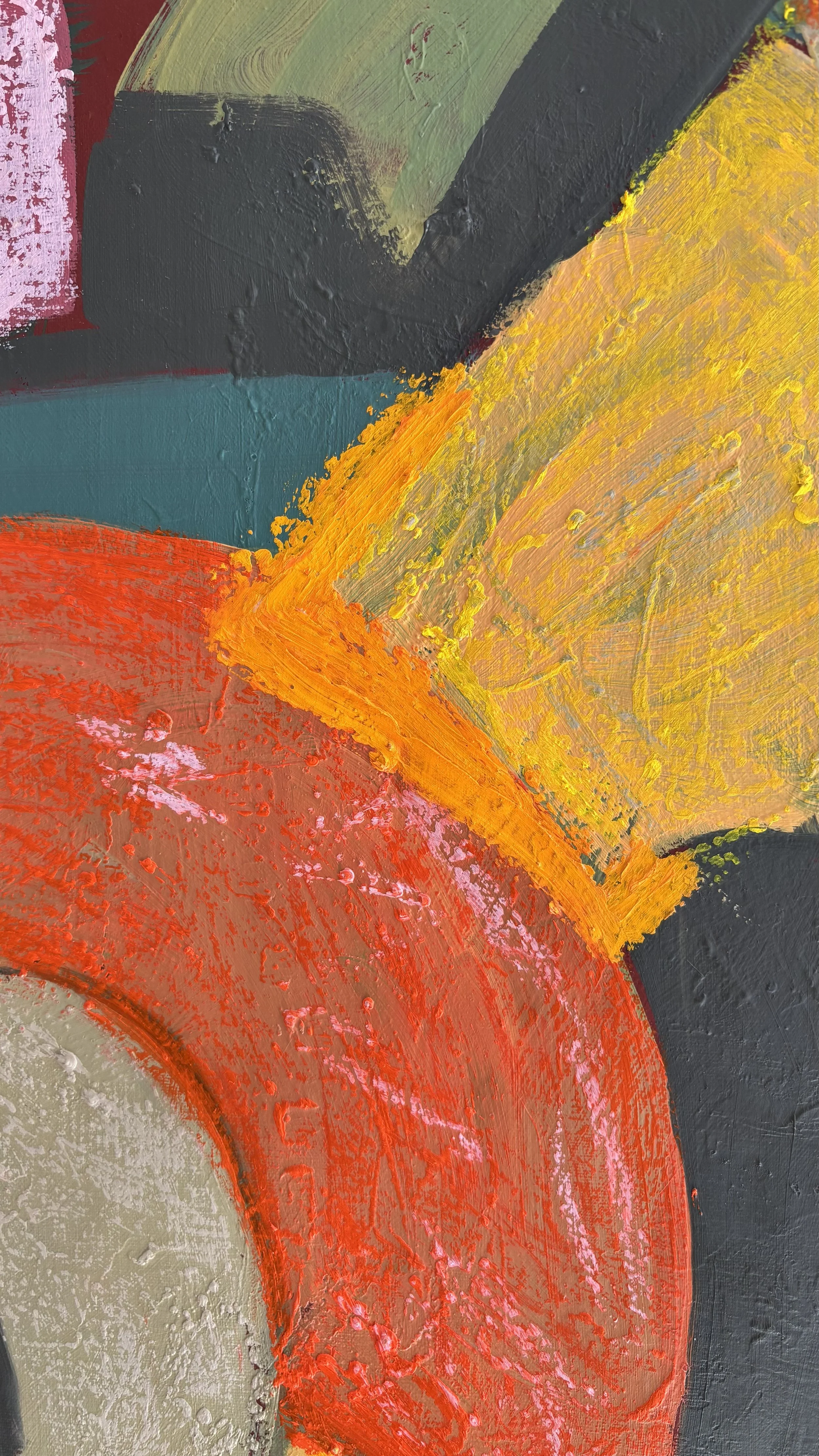 Close-up of textured orange and golden yellow shapes meeting against dark teal, with sweeping curved brushstrokes, fine parallel marks and glimpses of underlying colour.
