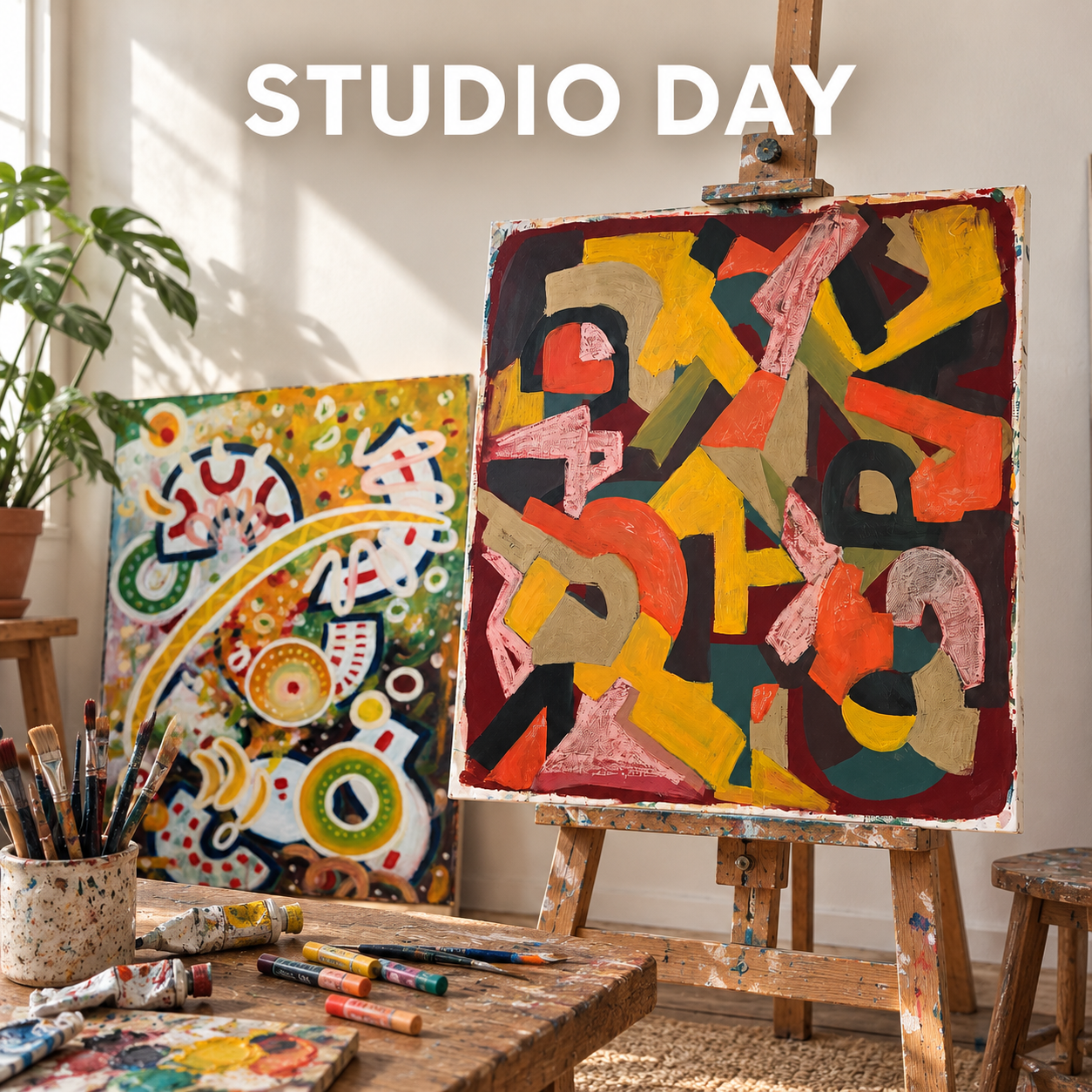 artist studio with paintings made with acrylic and oils
