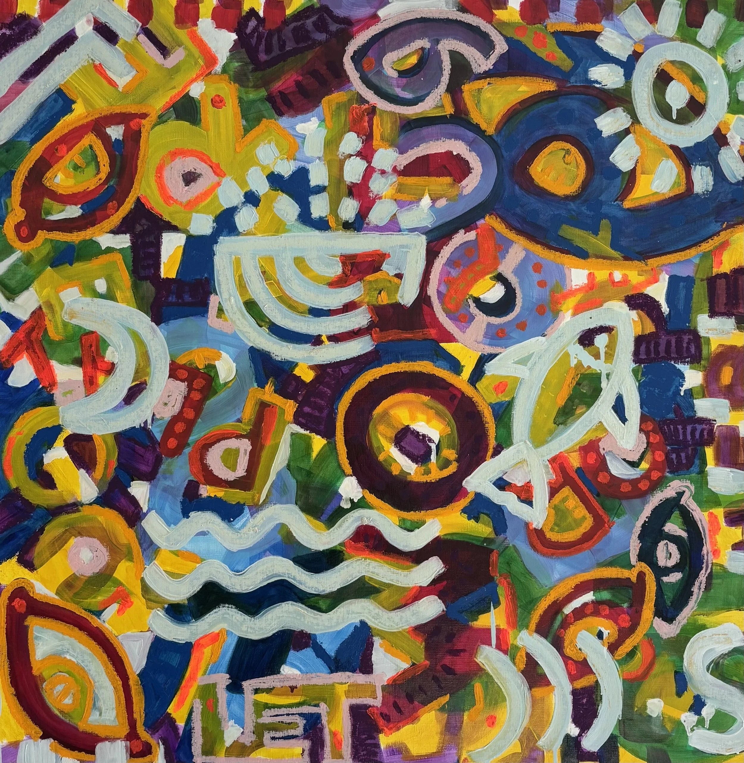 Playful abstract painting by Anastasija Sarajeva, filled with colourful circles, looping forms, striped shapes and wavy lines in cobalt blue, yellow, burgundy, mint green and pink.
