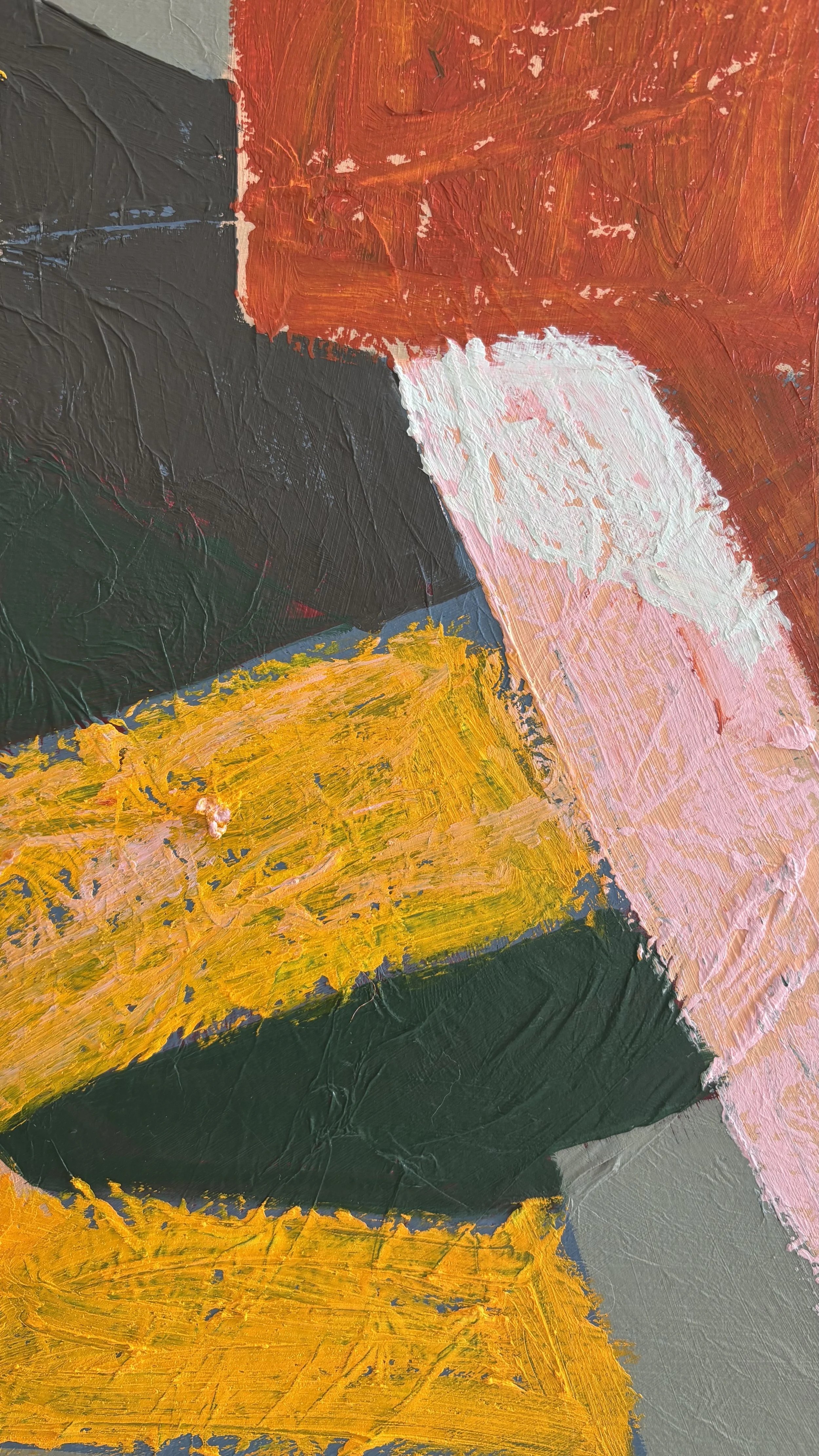 Close-up of a pale pink diagonal letterform crossing an ochre-yellow stripe, with chalky white highlights, visible canvas texture and dark green brushwork.