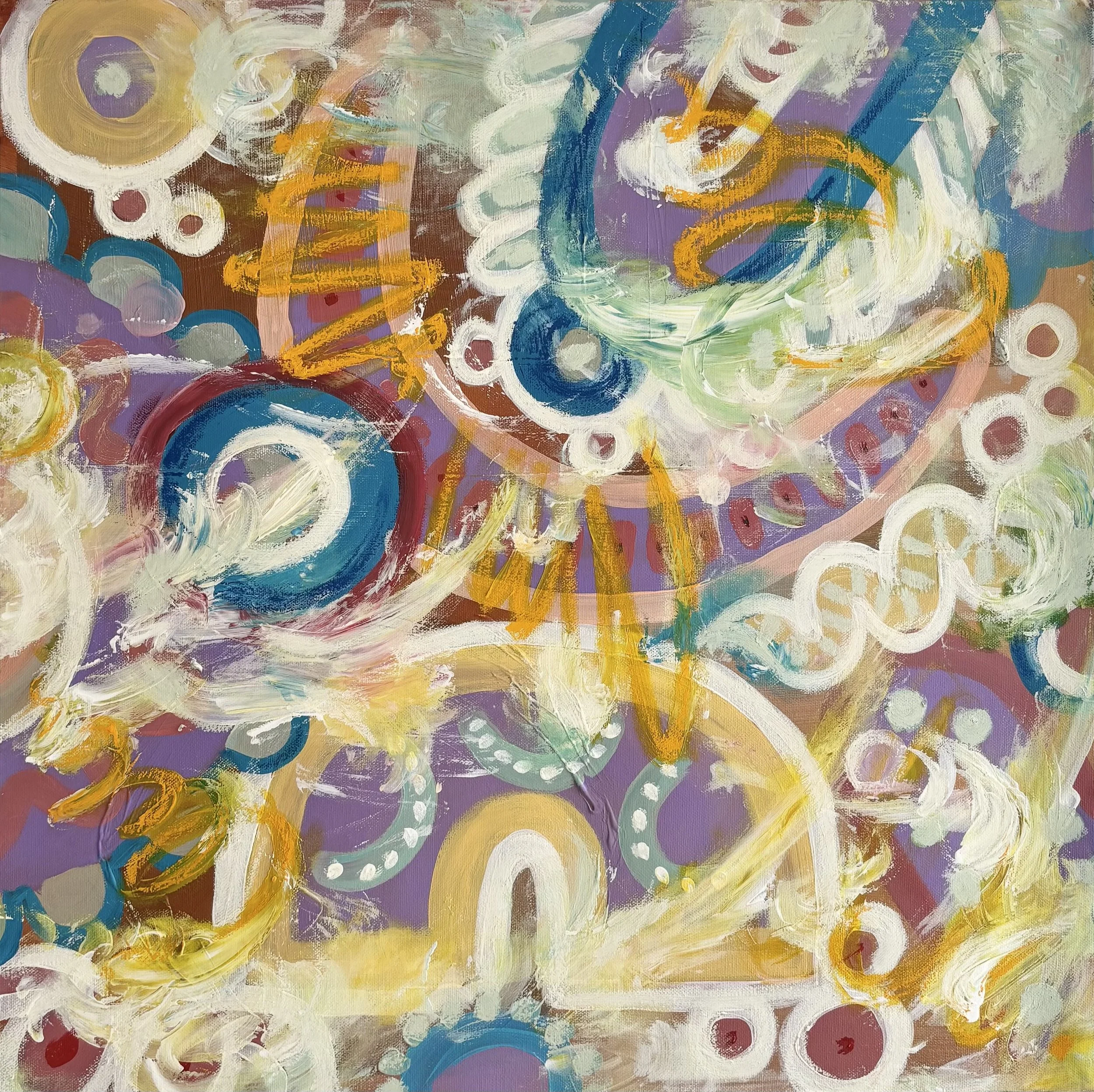 Expressive abstract painting by Anastasija Sarajeva, with sweeping mint green and cream spirals, cobalt blue circles, yellow zigzags and rows of small rings over pink, lilac and ochre.