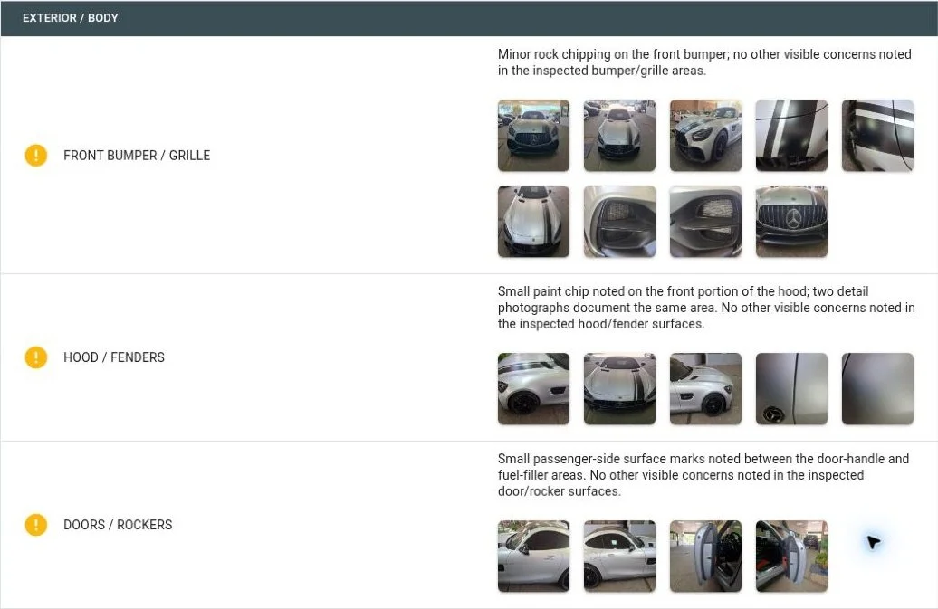 Anonymized EuroTech Mobile PPI report excerpt documenting exterior body condition, paint chips and inspection photos.
