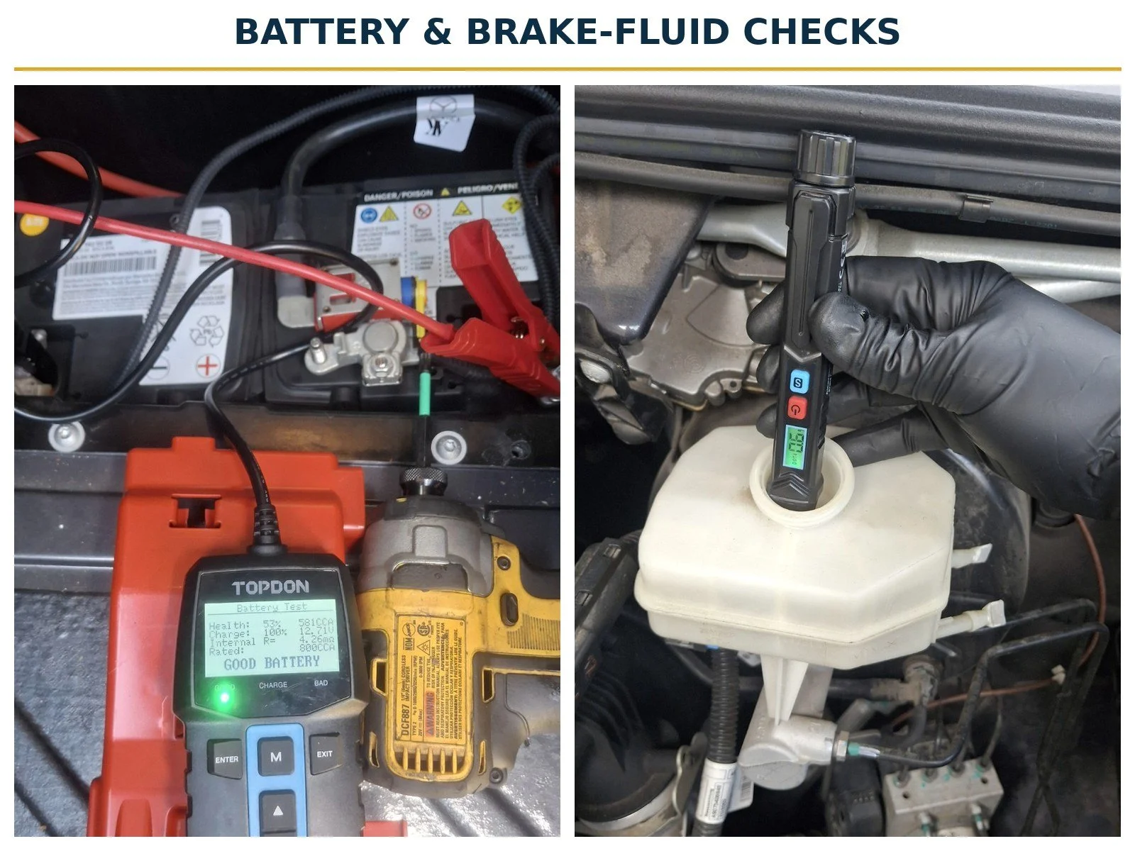 Sprinter maintenance inspection photos showing a battery tester connected to the battery and an electronic brake-fluid tester in the brake-fluid reservoir.