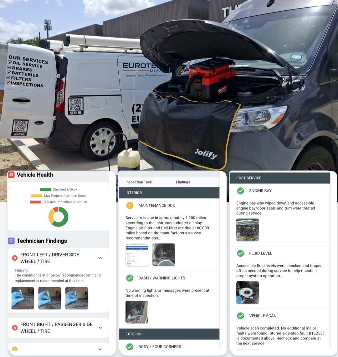 EuroTech Mobile service van beside a Mercedes-Benz Sprinter being serviced, with digital inspection reports showing photos, findings and post-service checks.