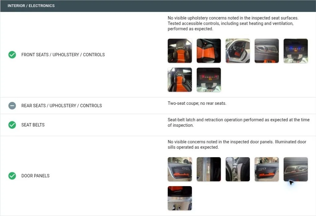 Anonymized EuroTech Mobile PPI report excerpt with interior photos, seat and control checks, seat-belt operation and door-panel findings.