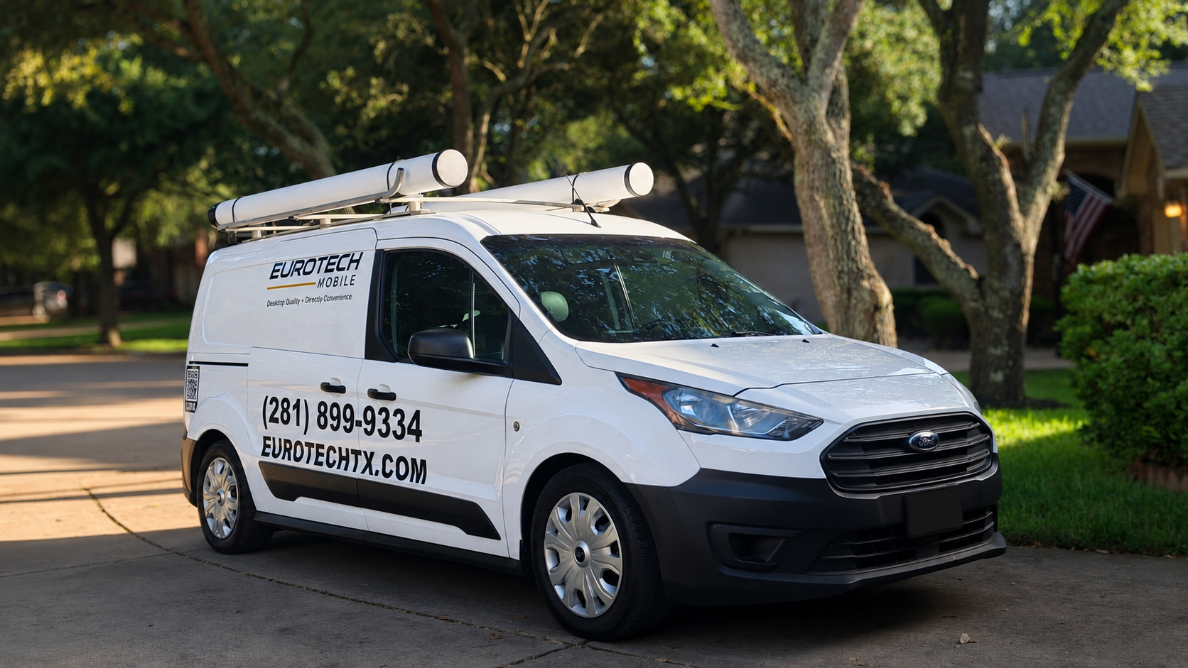 EuroTech Mobile European auto service van at a residential driveway serving Sugar Land, Texas.