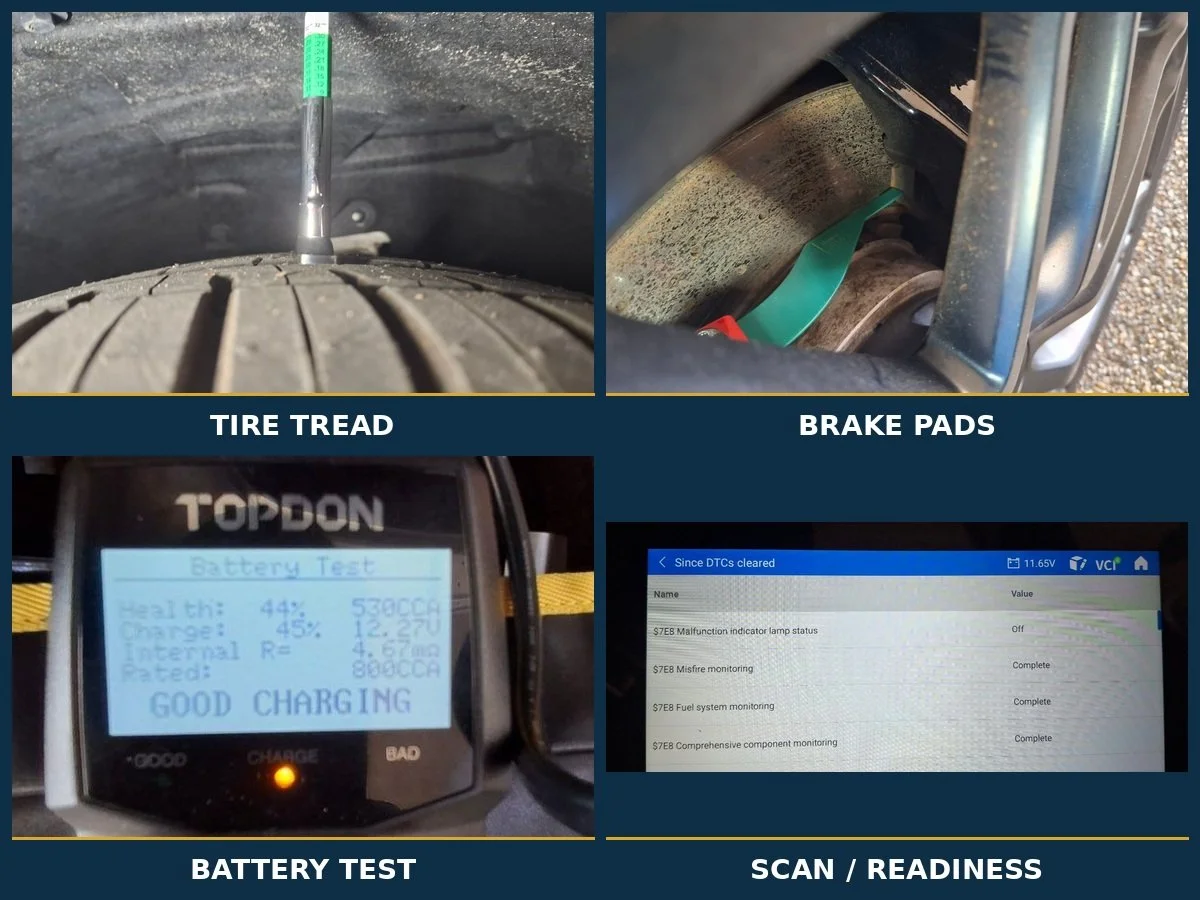Actual EuroTech Mobile PPI photos showing tire tread and brake-pad measurements, a battery test and a scan-tool readiness check.