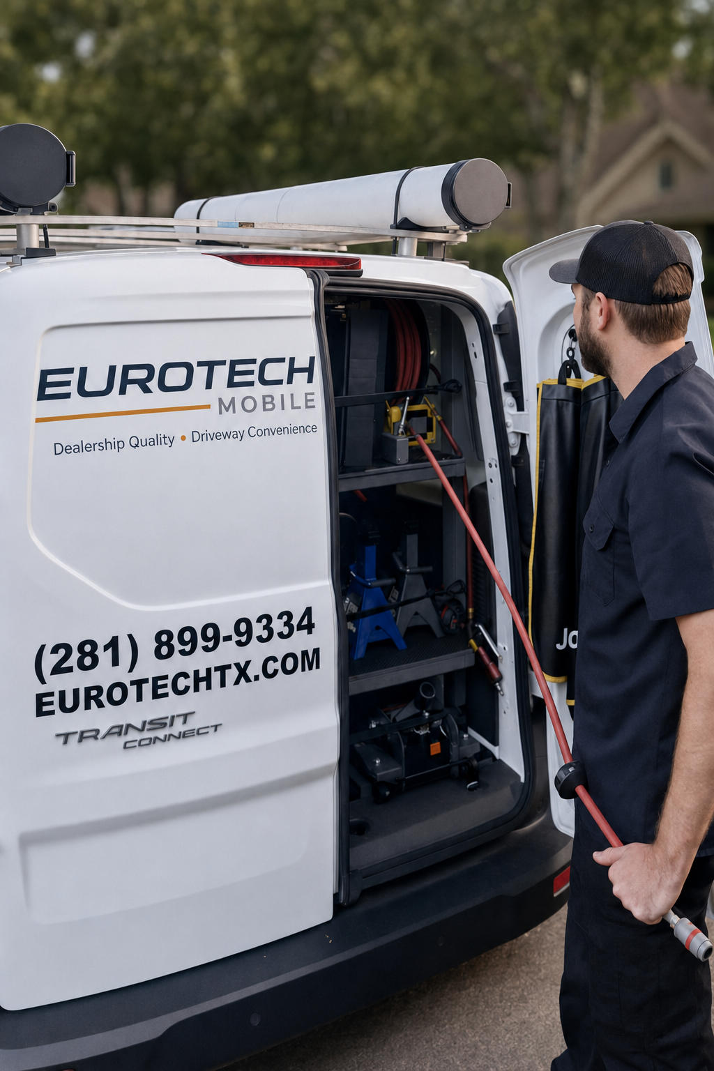 EuroTech Mobile technician preparing professional equipment at the rear of the mobile service van.