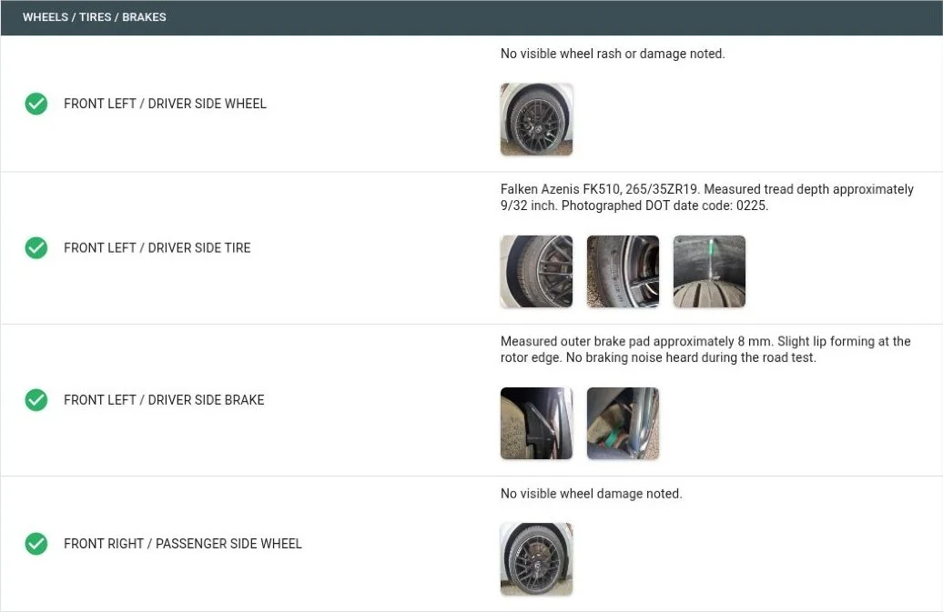 Anonymized EuroTech Mobile PPI report excerpt with wheel photos, tire-tread measurements and accessible brake-pad findings.