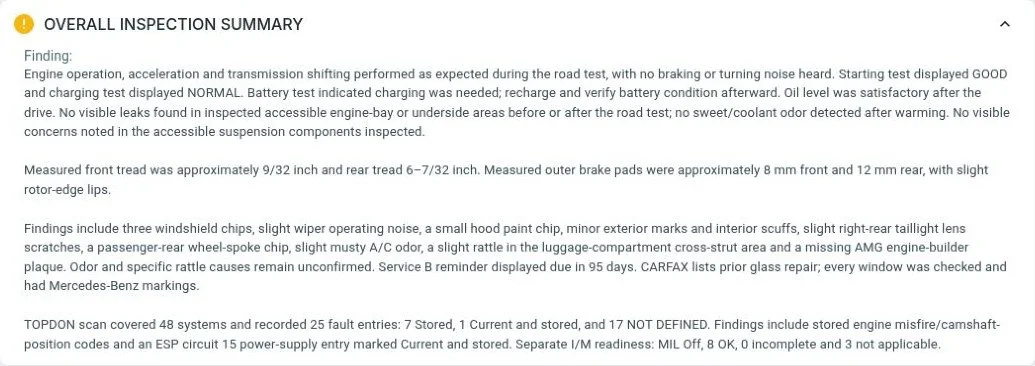 Anonymized EuroTech Mobile buyer-summary excerpt from a European pre-purchase inspection.