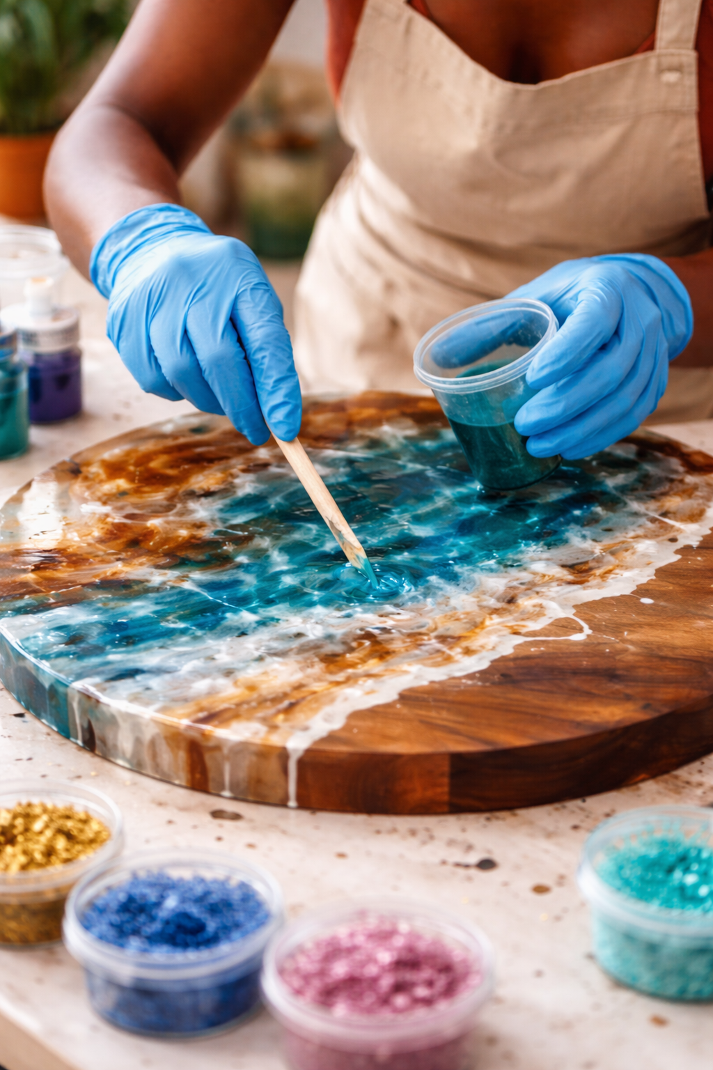 Person wearing blue gloves creating resin art with blue, brown, and white swirls on a wooden board.