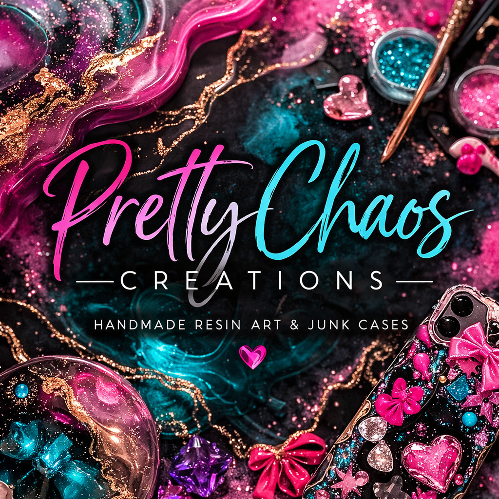 A colorful display of handmade resin art and junk cases with glitter, beads, and bows, featuring the text 'Pretty Chaos Creations - Handmade Resin Art & Junk Cases' in a vibrant, artistic style.