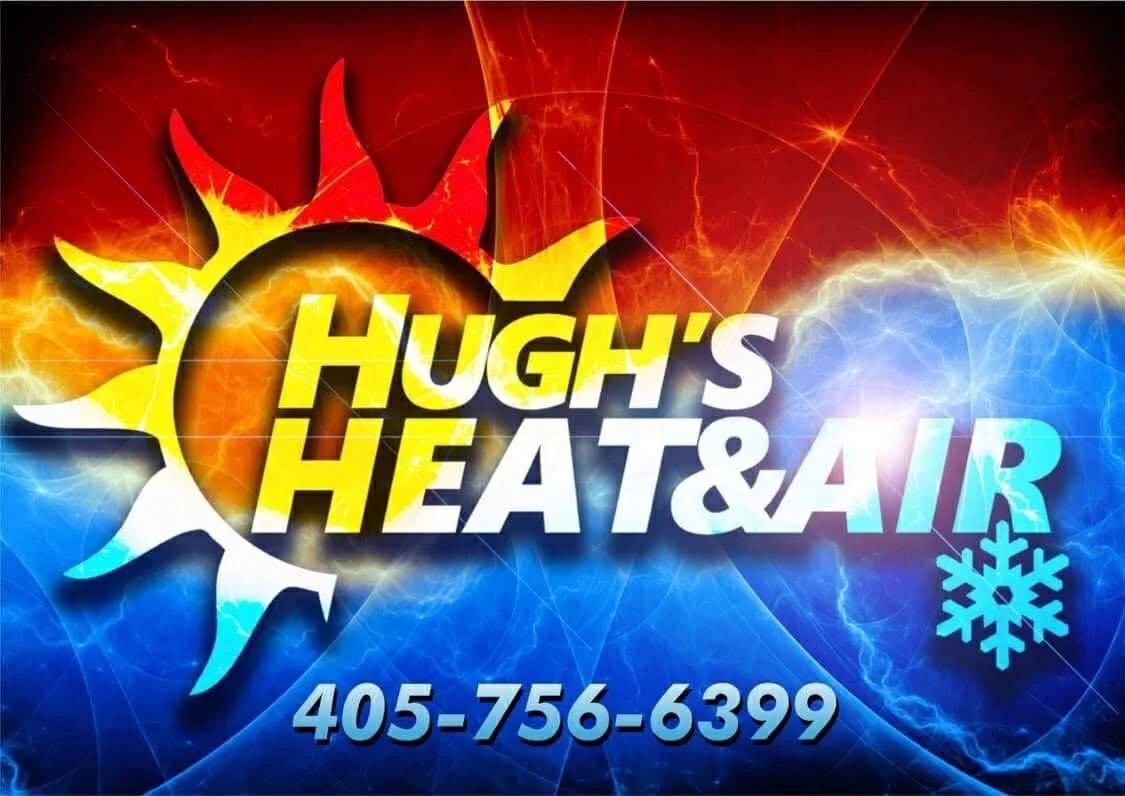 A graphic of the sun and a snowflake representing heating and air conditioning with the text "Hugh's Heat & Air," a phone number, and a background with fiery reds and cool blues.
