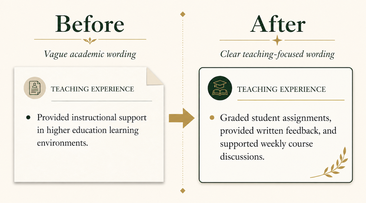 Before and after academic CV bullet examples for adjunct teaching applications