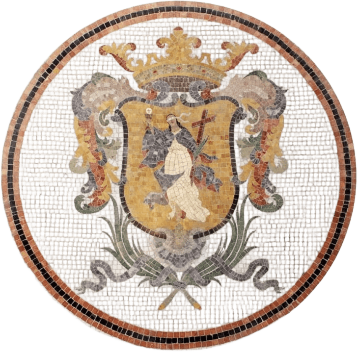 Mosaico con escudo heráldico que muestra un caballero con espada, un escudo en el pecho, rodeado de adornos florales y un corona en la parte superior, en colores dorado, gris y negro.
