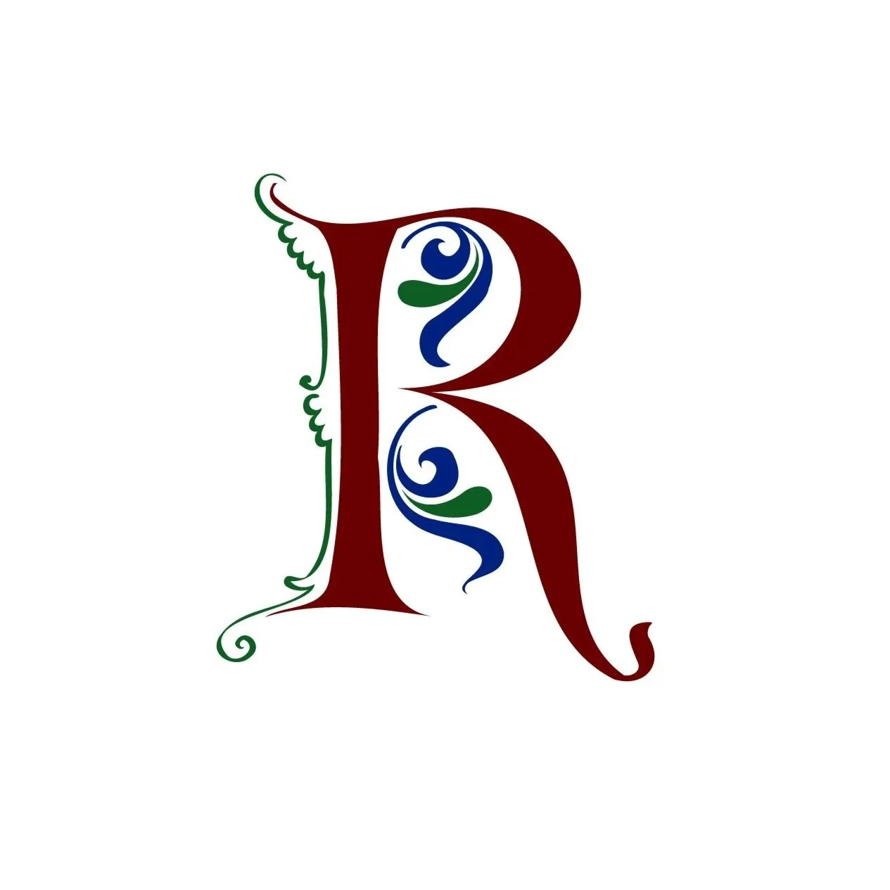 Letra 'R' artística con diseño estilo vintage, roja con detalles verdes y azules, en fondo blanco.