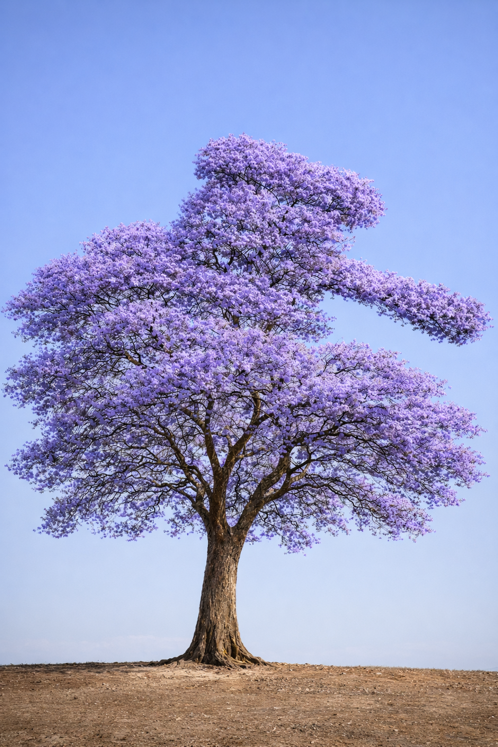 Árbol grande con ramas cubiertas de flores moradas, de pie sobre tierra seca, con cielo azul de fondo.