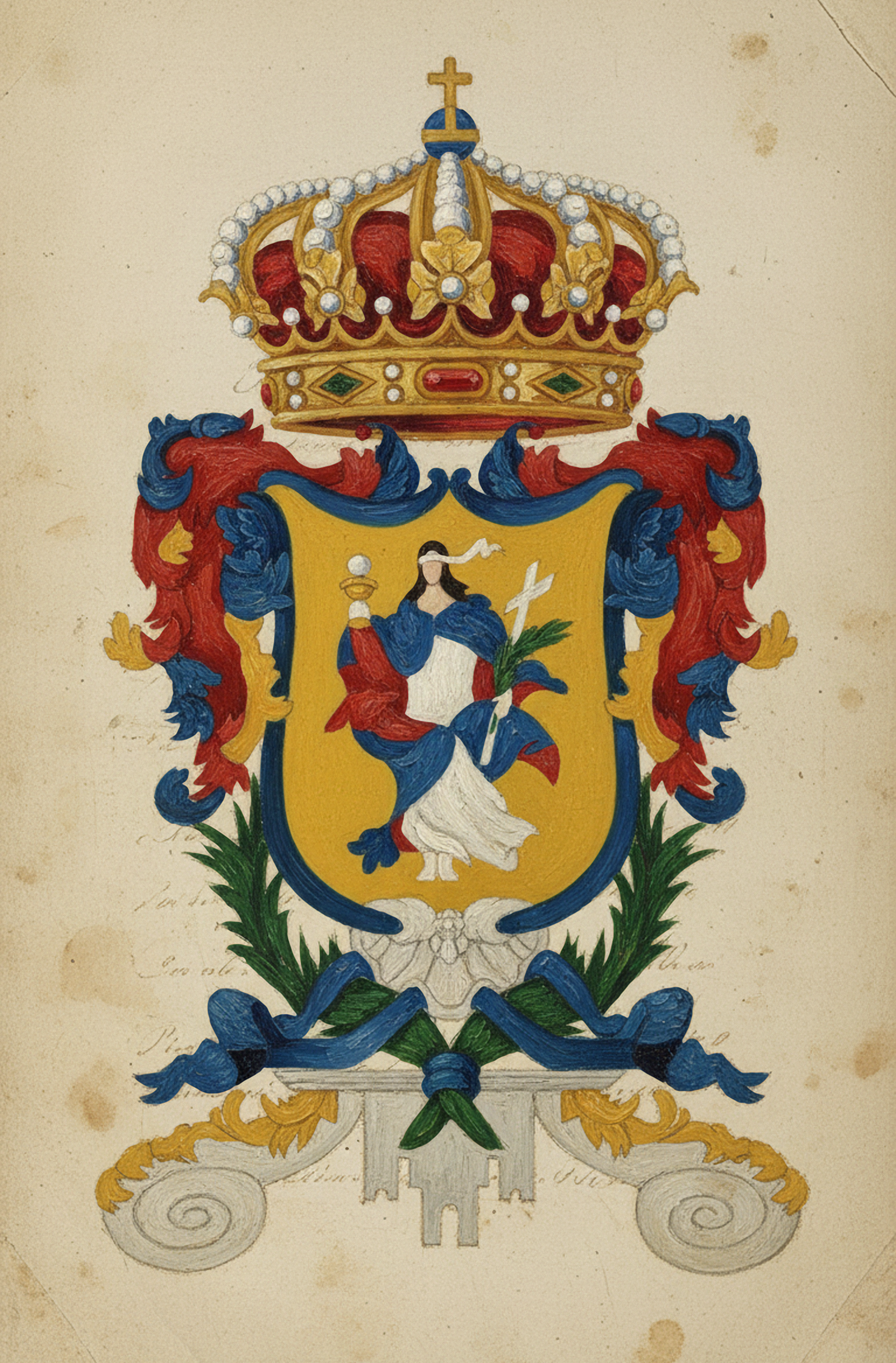 Escudo de armas con una corona real en la parte superior, un escudo central con una figura femenina con una balanza y un laurel en la mano, rodeada de decoraciones rojas, azules y verdes, y una base con elementos florales y una torre en la parte inferior.