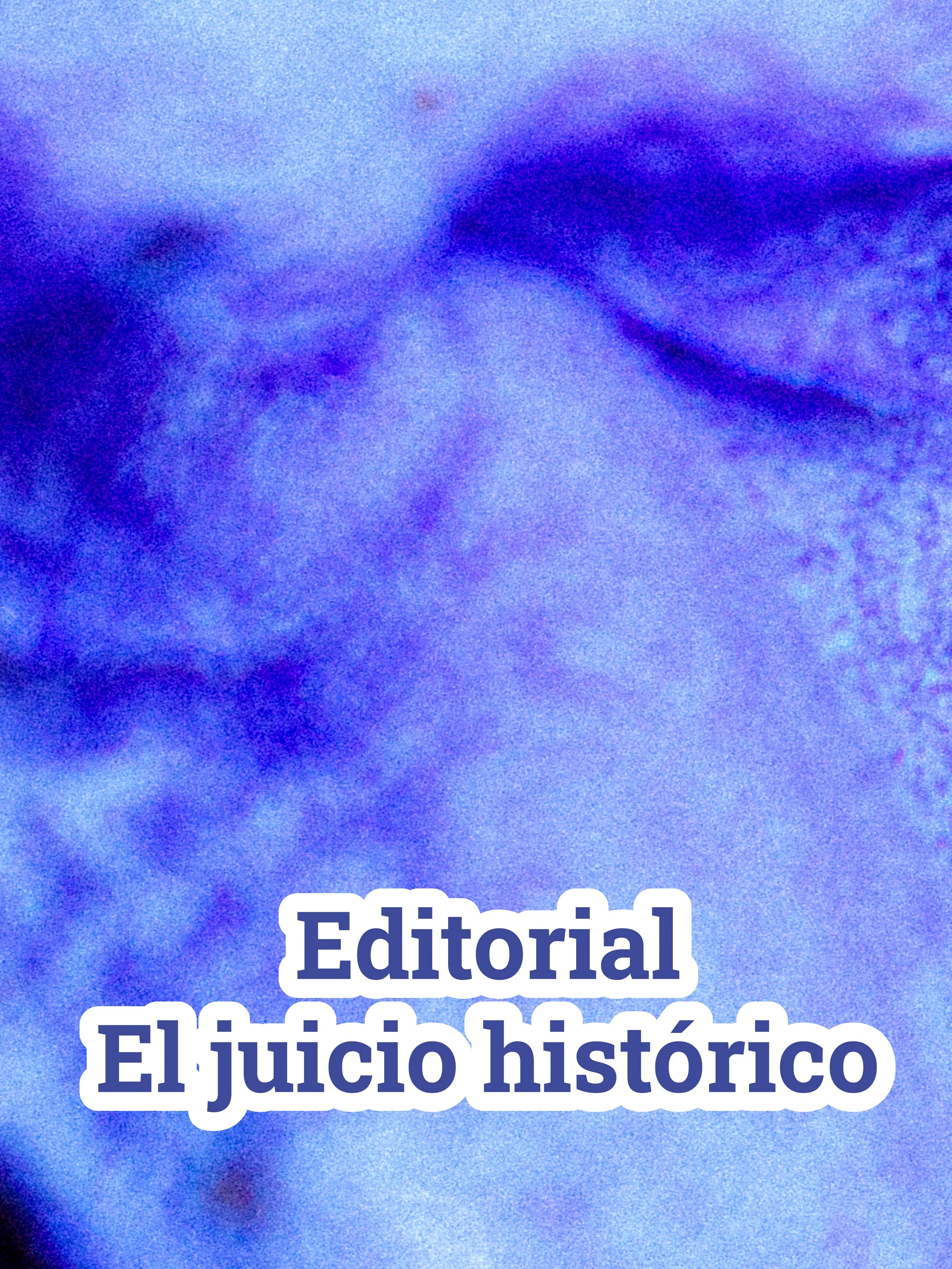 Portada de revista con título en letras grandes que dice 'Editorial El Juicio Histórico' sobre fondo azul con textura pixelada