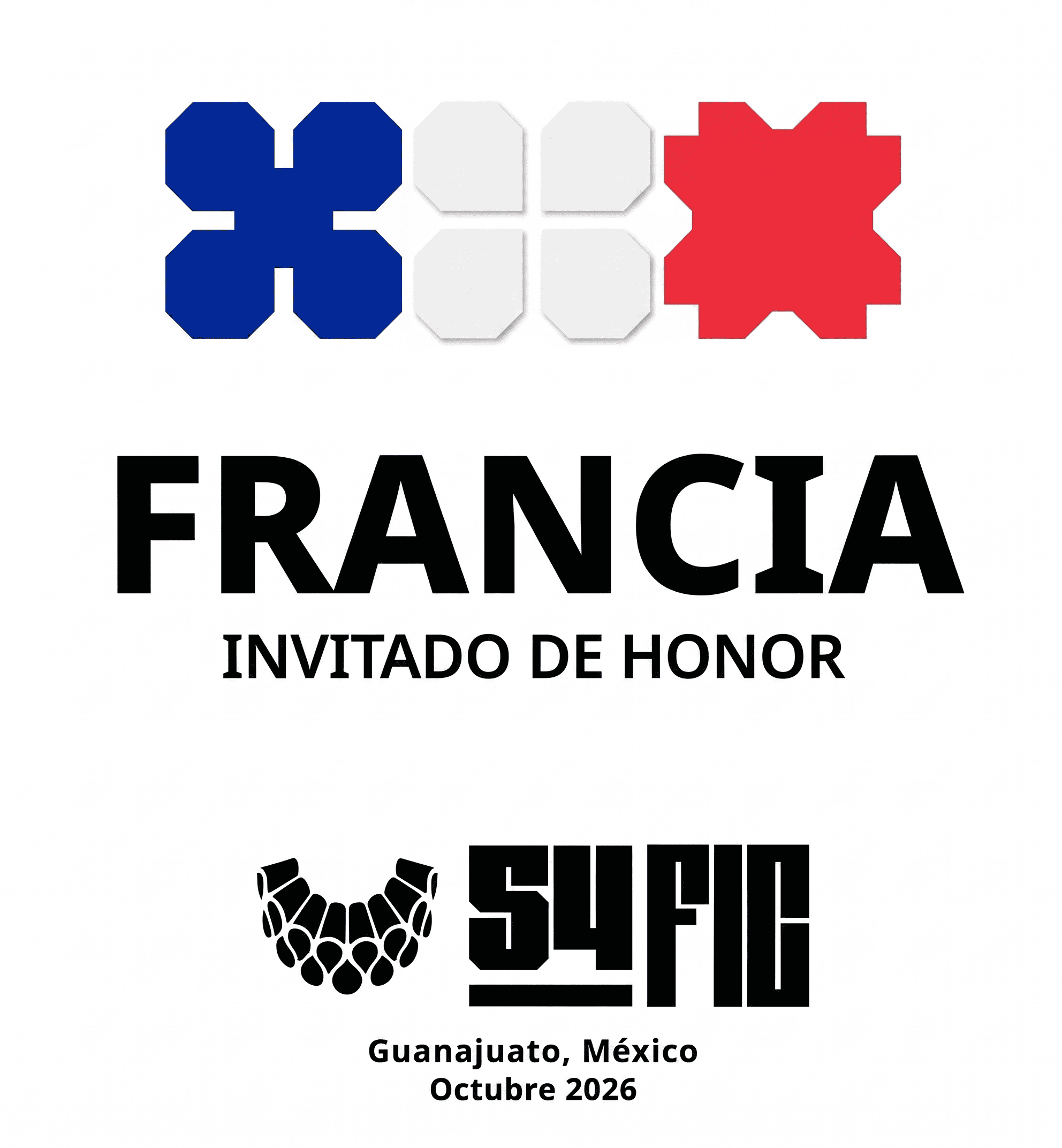 Logotipo con diseños en azul, blanco, rojo y negro con texto que dice 'FRANCTA INVITADO DE HONOR GUANAJUATO MÉXICO OCTUBRE 2026' y símbolos de una corona y un balón de baloncesto.