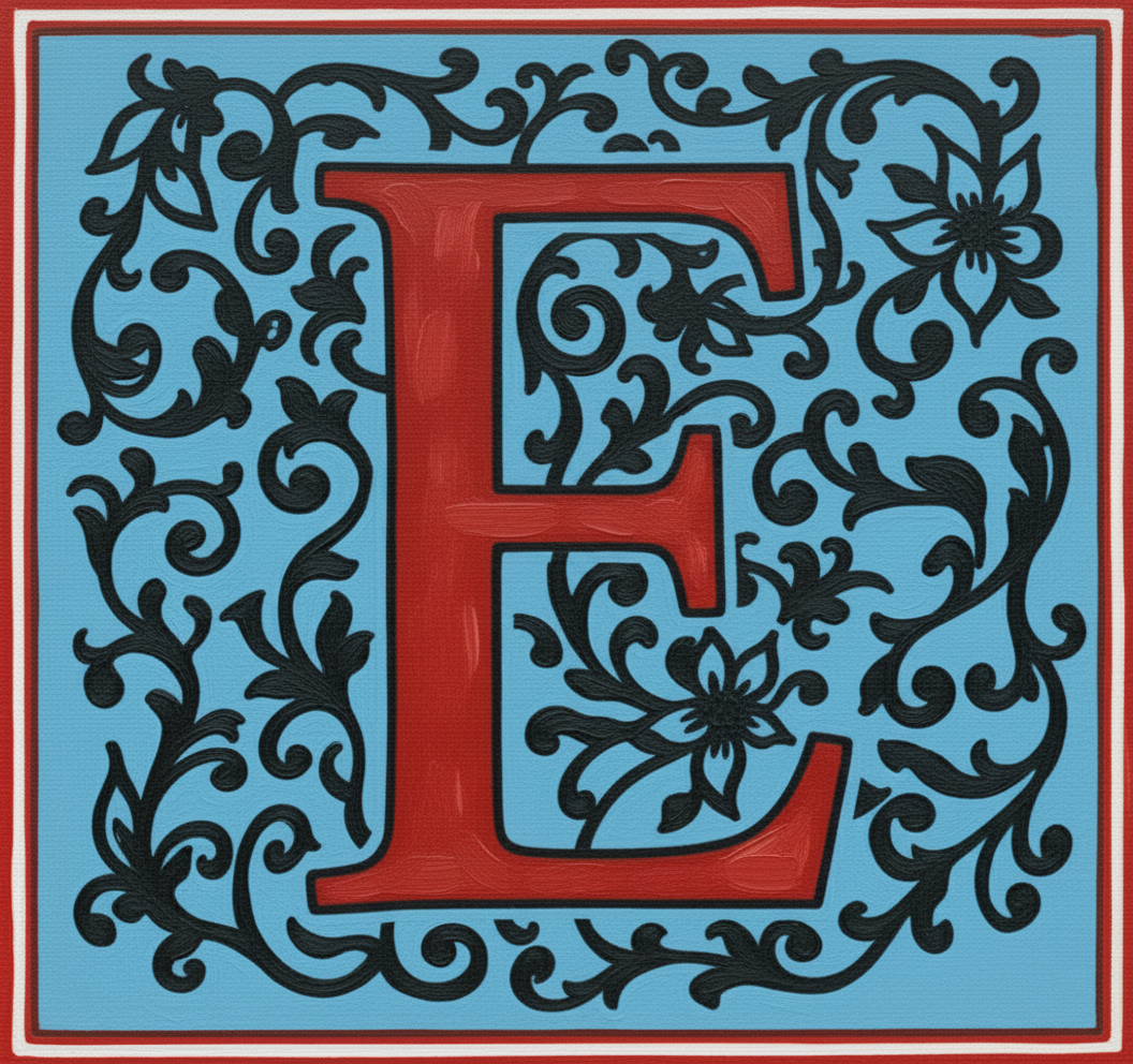 Letra E en color rojo con fondo azul y adornos florales negros