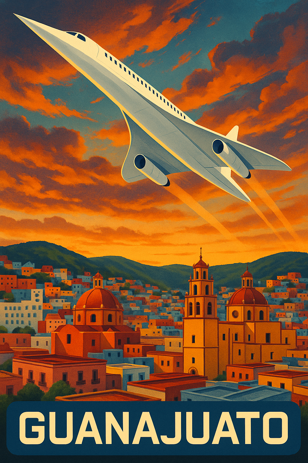 Ilustración de un avión futurista sobre un paisaje urbano con iglesias y casas, al atardecer, en Guanajuato, México.