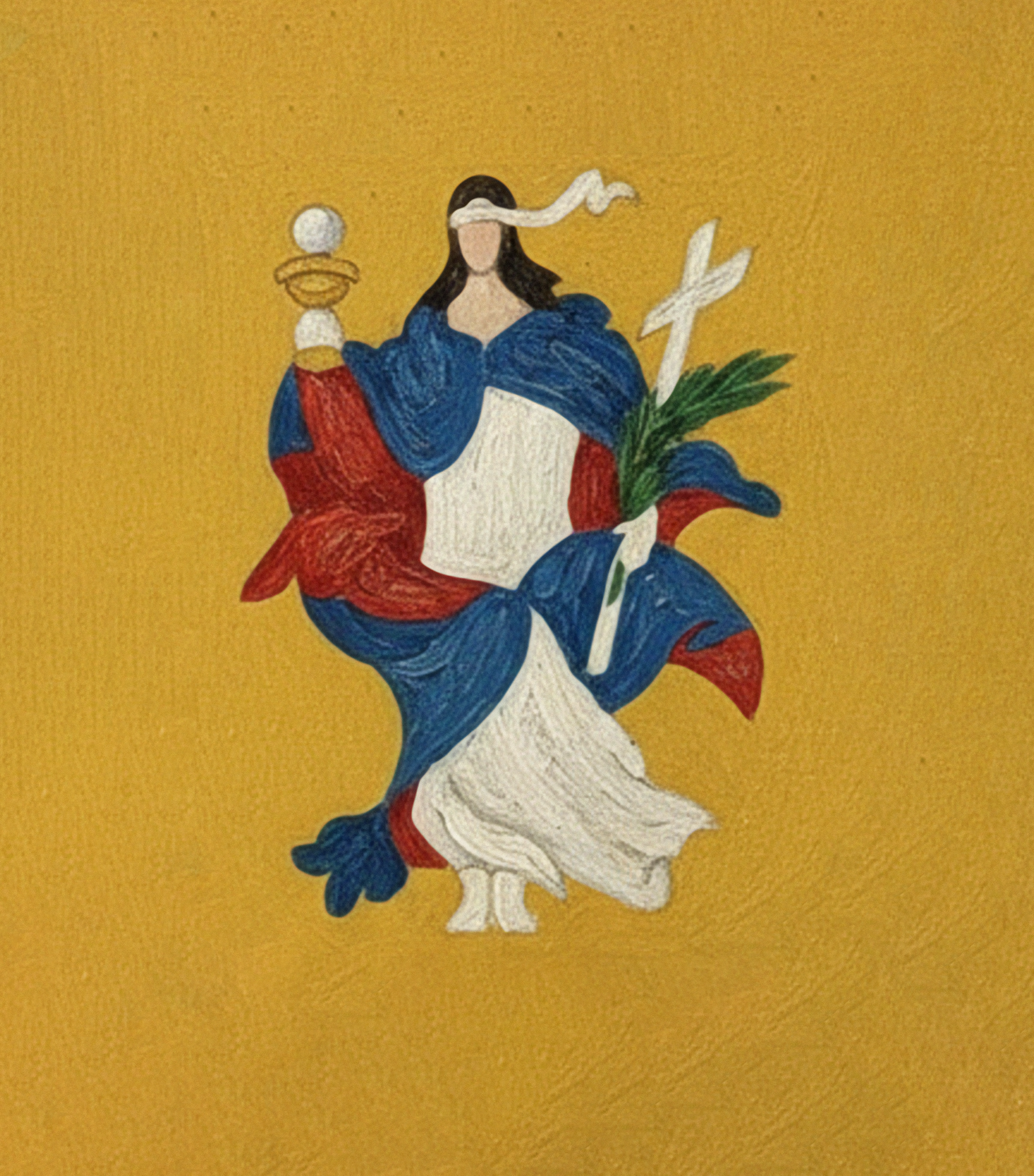 Escudo de la bandera de Veracruz, México, con fondo dorado, presenta una figura femenina con vestimenta colorida, sosteniendo una plantita y una antorcha, símbolo de la justicia y la libertad.