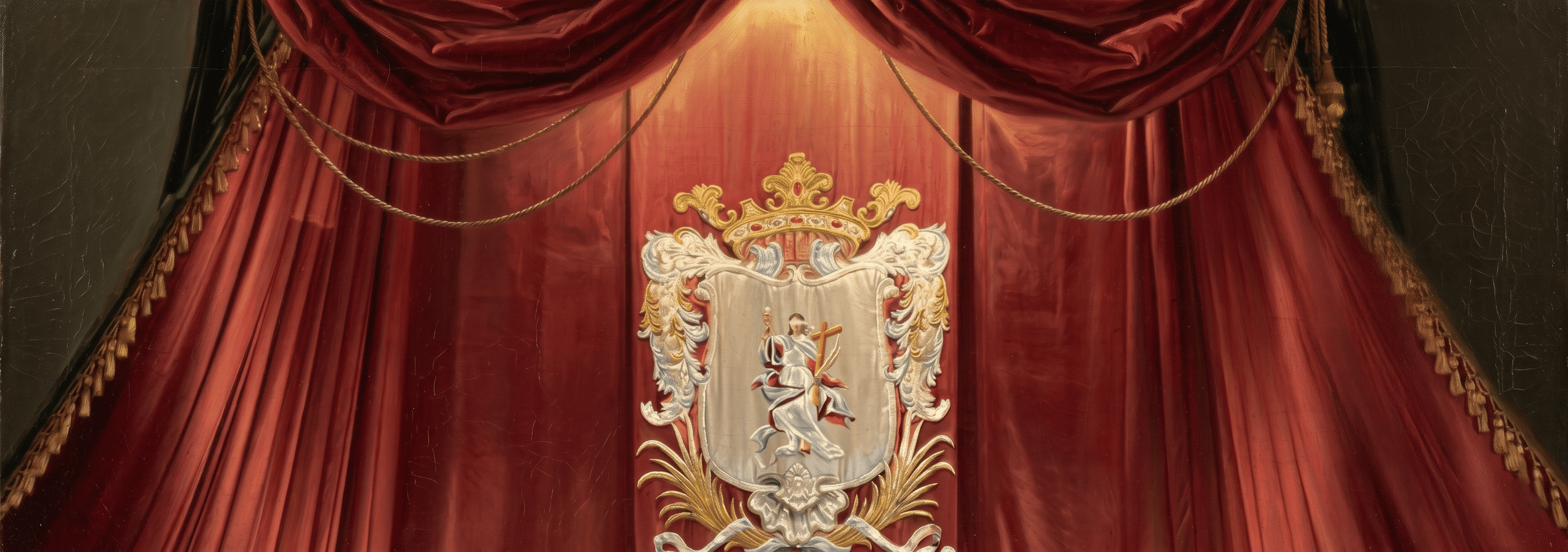 Escenario con cortinas rojas y un escudo con un león y un castillo en el centro.