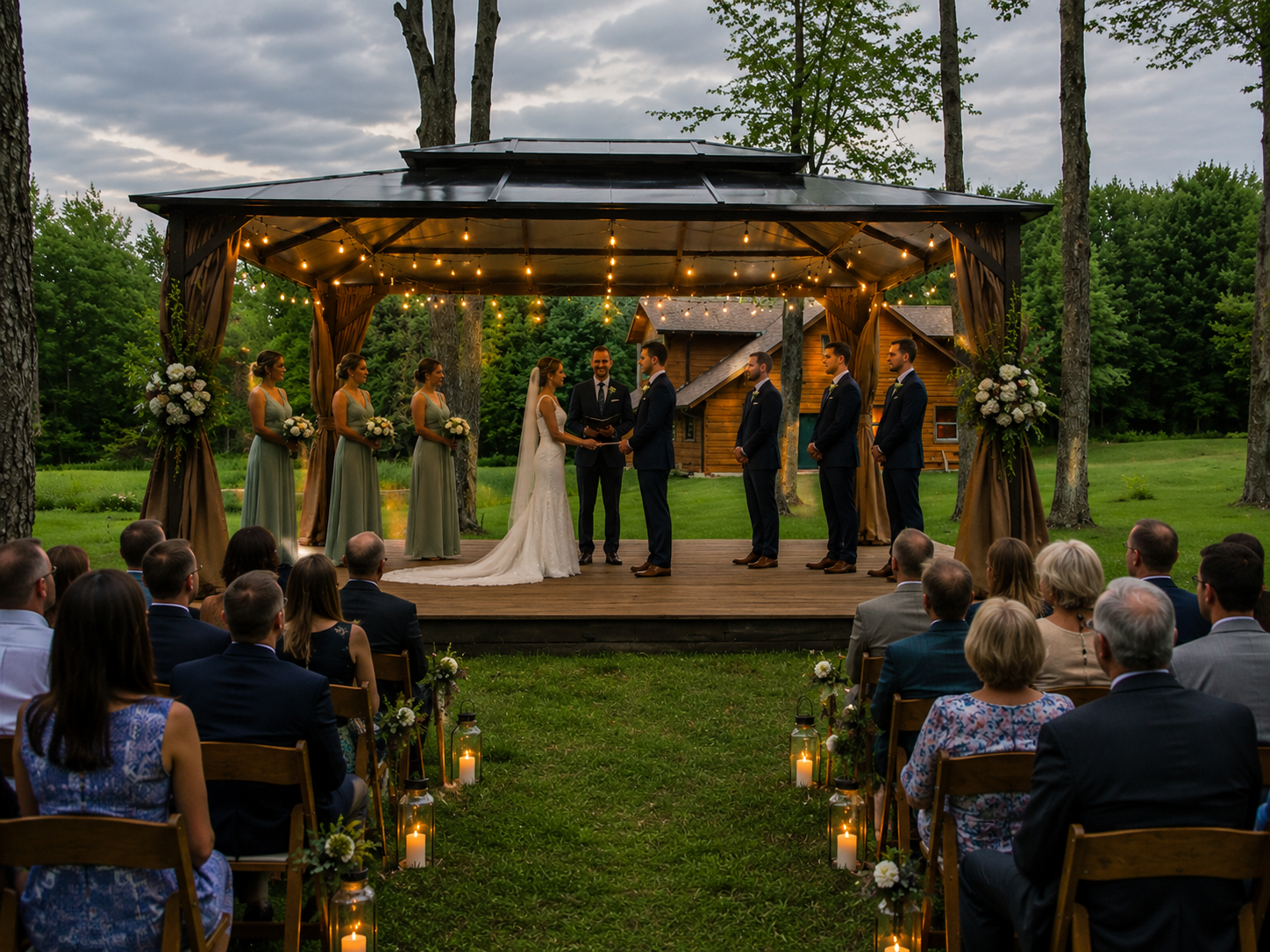 A wedding ceremony taking place outdoors on a wooden platform beneath a decorated pavilion with string lights. The bride and groom are exchanging vows, surrounded by bridesmaids and groomsmen, with seated guests watching in the foreground.