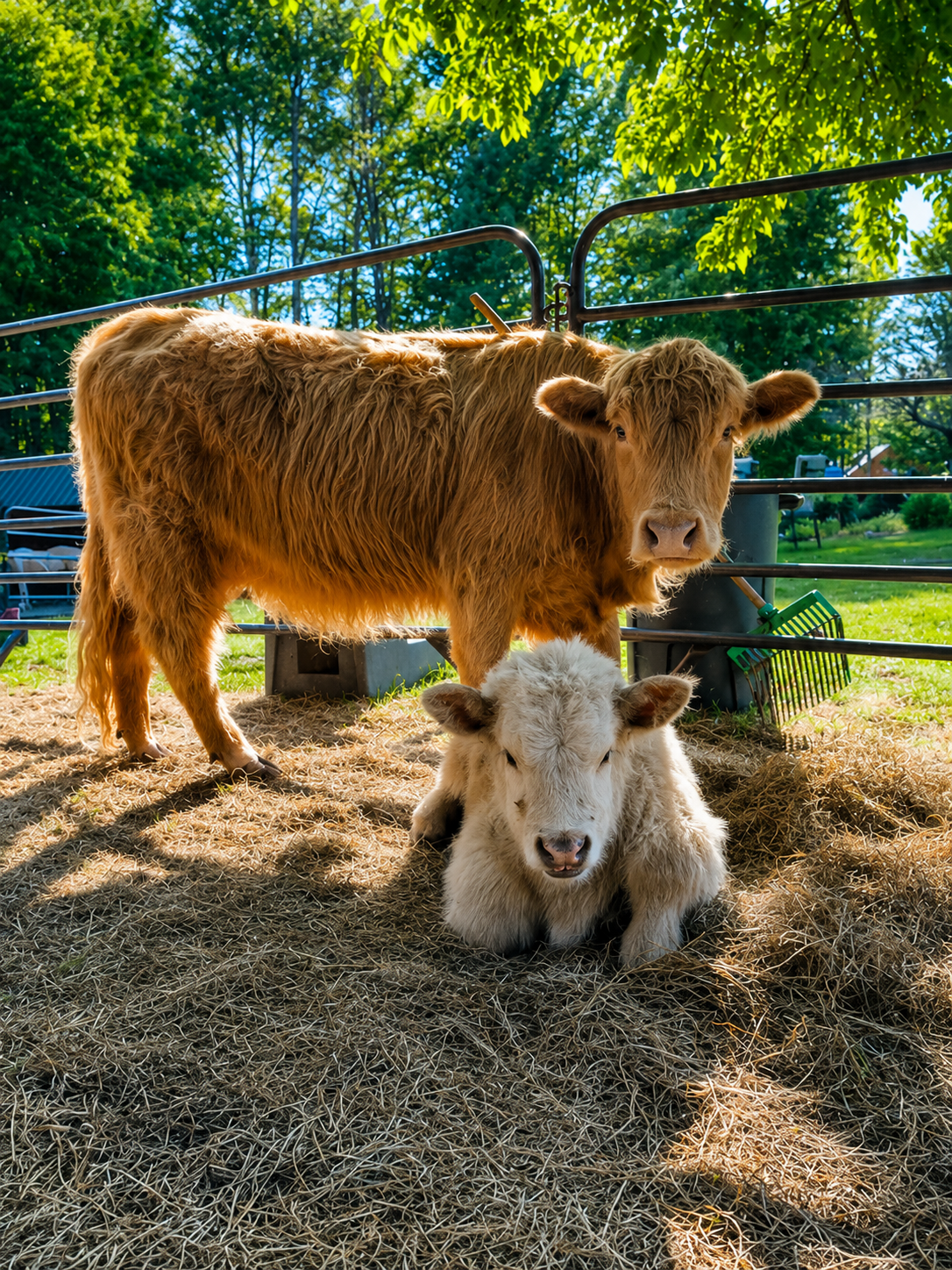 A  Highland cow and her baby Highland calf in a fenced outdoor area with trees.