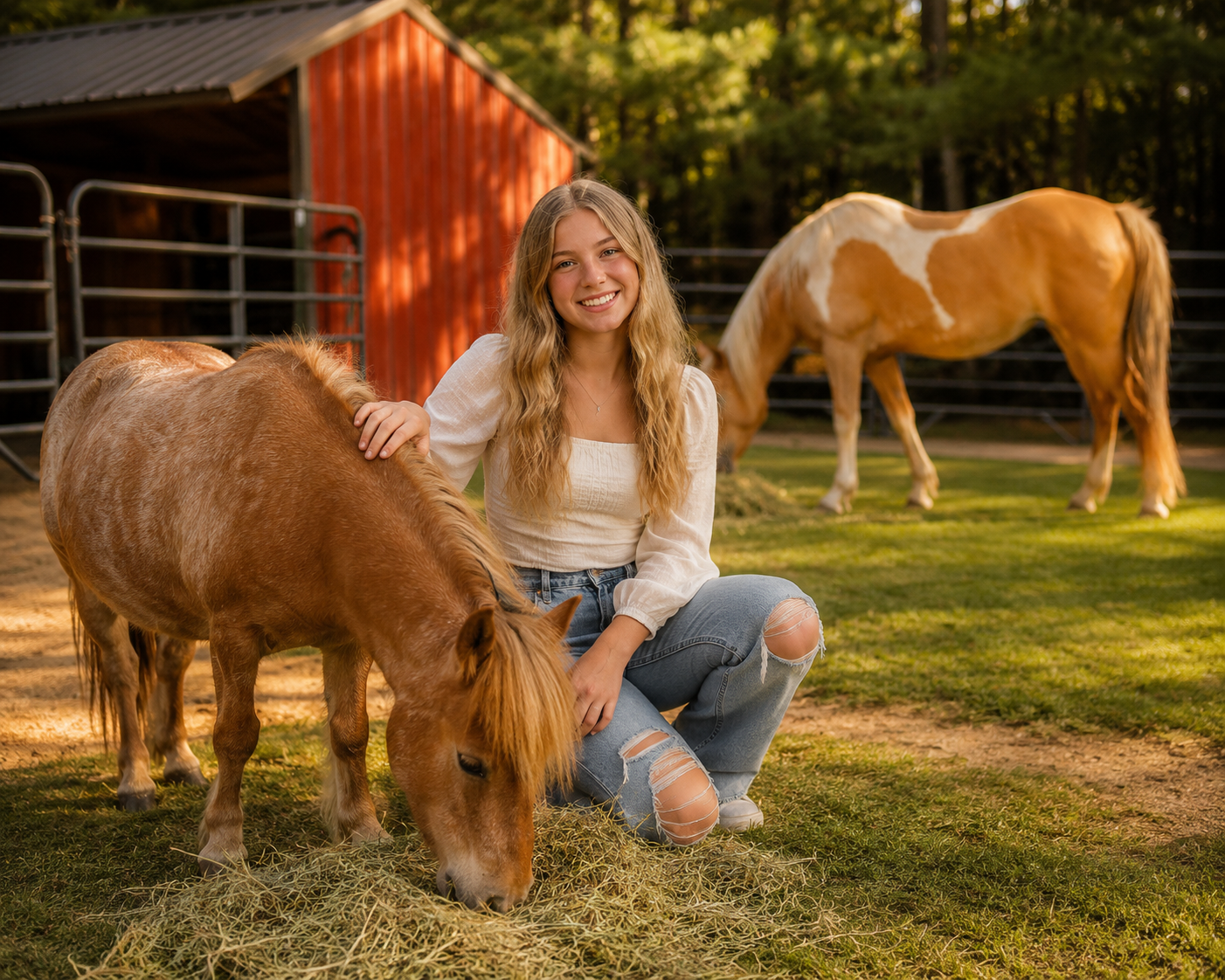 Senior portrait session at Acres of Joy Ranch in Sobieski, Wisconsin featuring a high school senior with miniature therapy horses in a peaceful country setting.