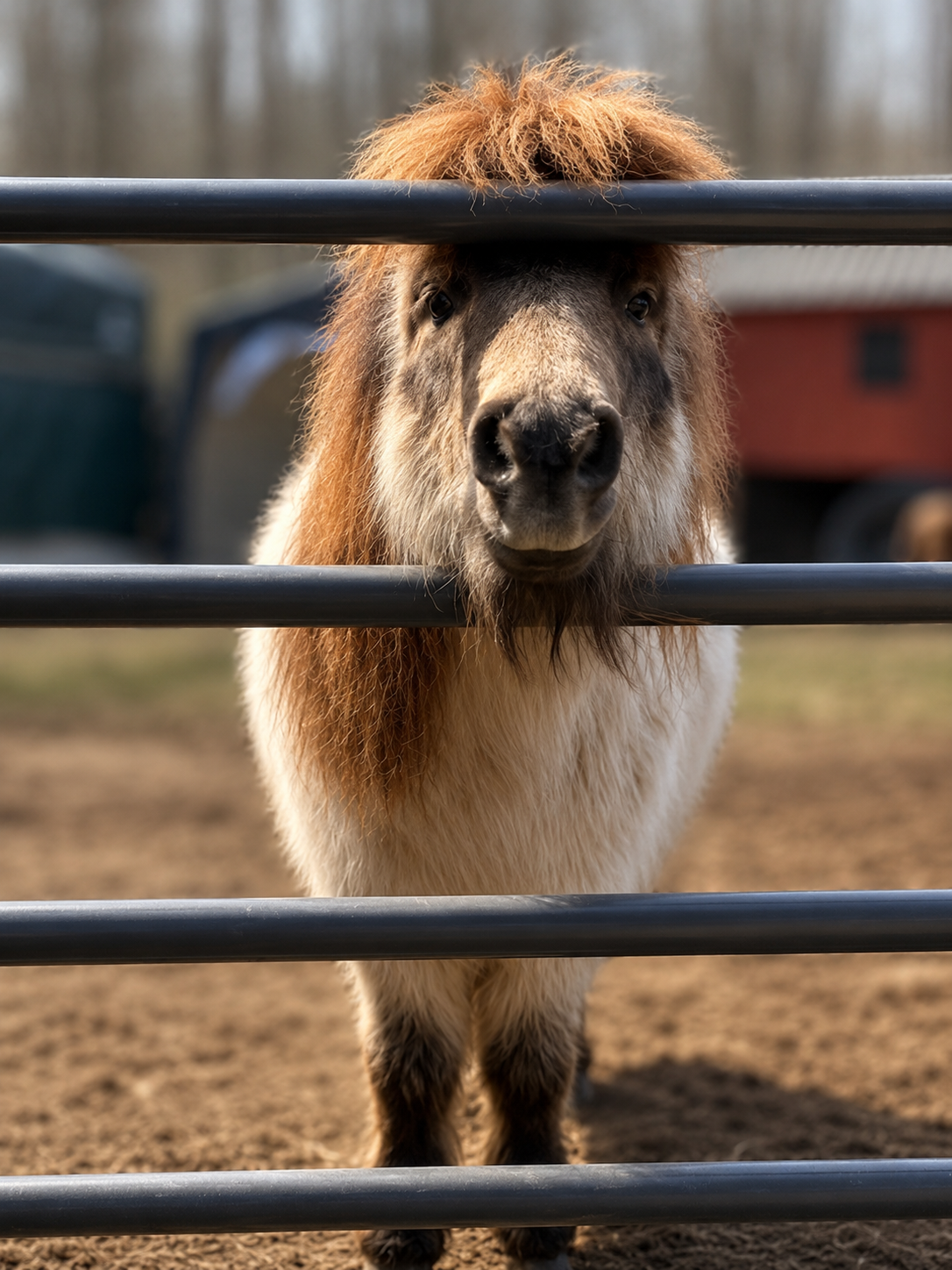 A cute miniature therapy horse with curly brown and cream-colored coat looks through a black metal fence.