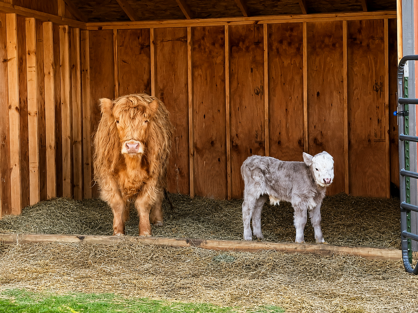 Highland cow Ivy and her calf Ollie standing together inside a barn at Acres of Joy Ranch in Sobieski, Wisconsin.