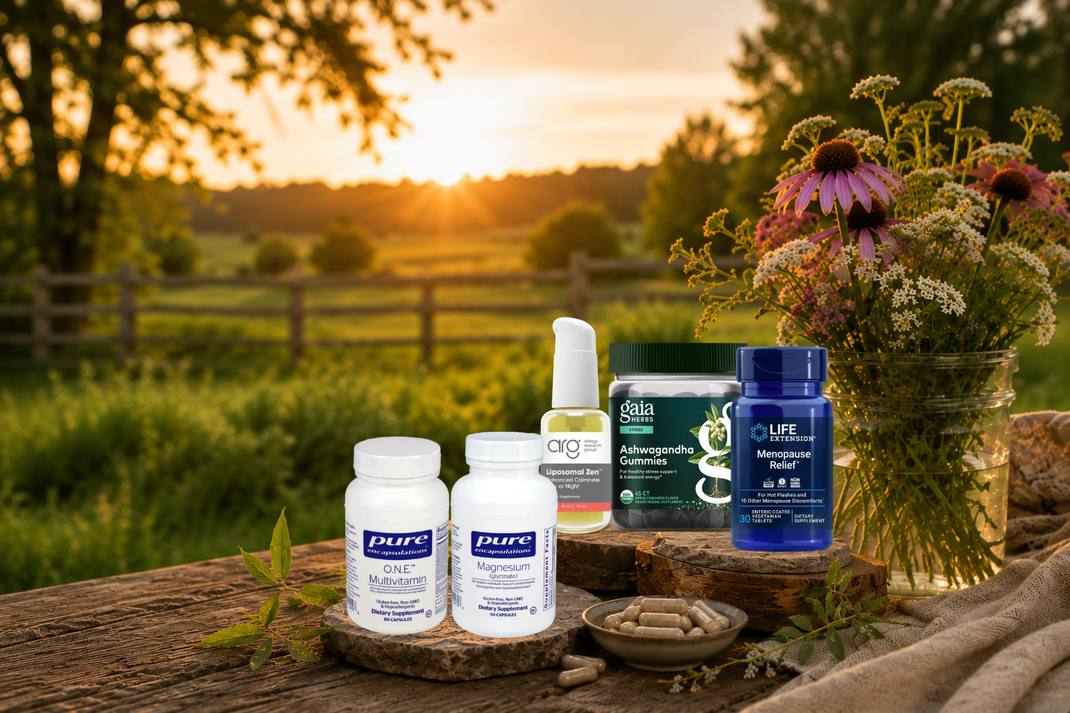 Assorted dietary supplements and herbal products on a rustic wooden surface outdoors, with a blooming flower bouquet in a glass jar and a scenic sunset background.