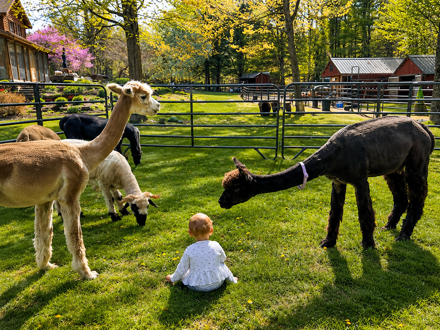 A young child sitting on green grass in a fenced farm area, surrounded by alpacas and sheep, with trees and farm buildings in the background on a sunny day.