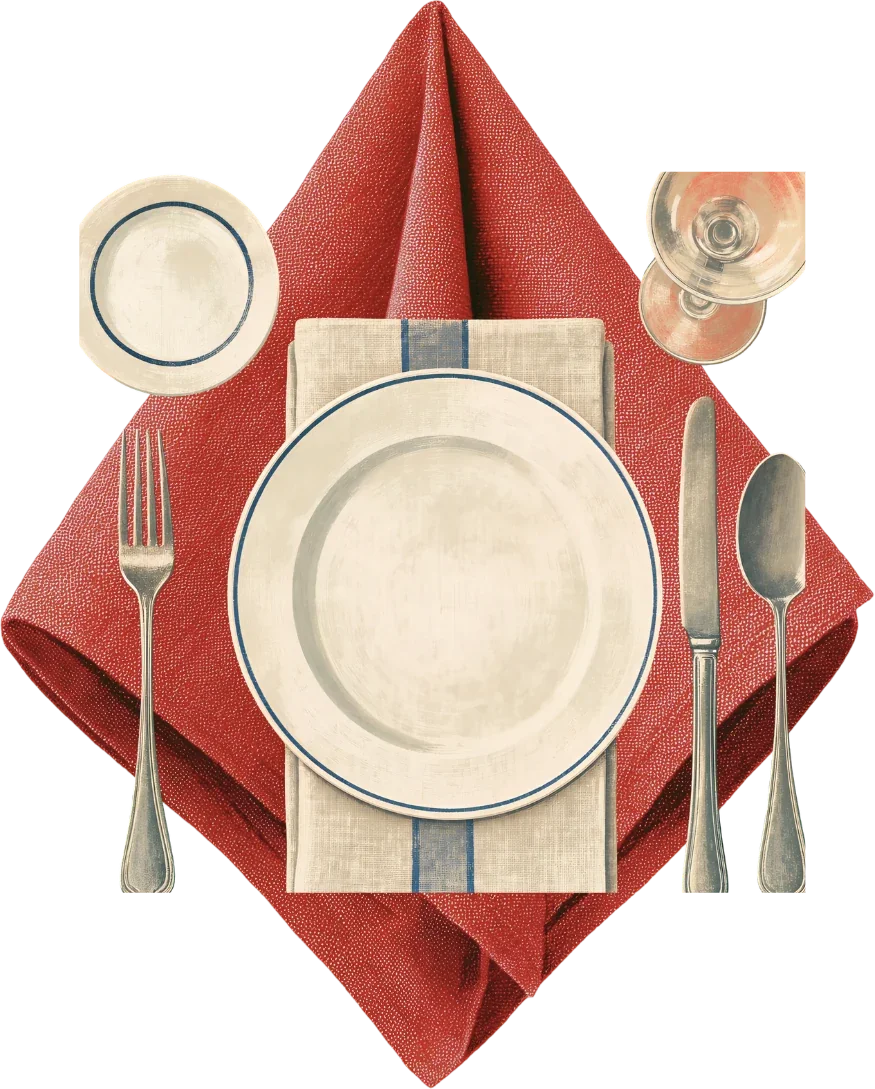 Red napkin place setting with vintage plate and cutlery