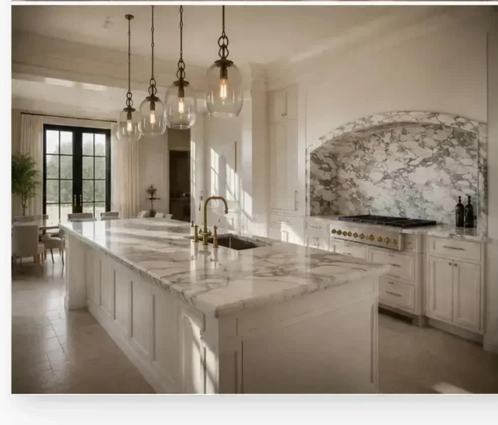 Classic cream kitchen with an Arabescato Corchia arched range surround, a marble island, glass pendants, and unlacquered brass hardware.