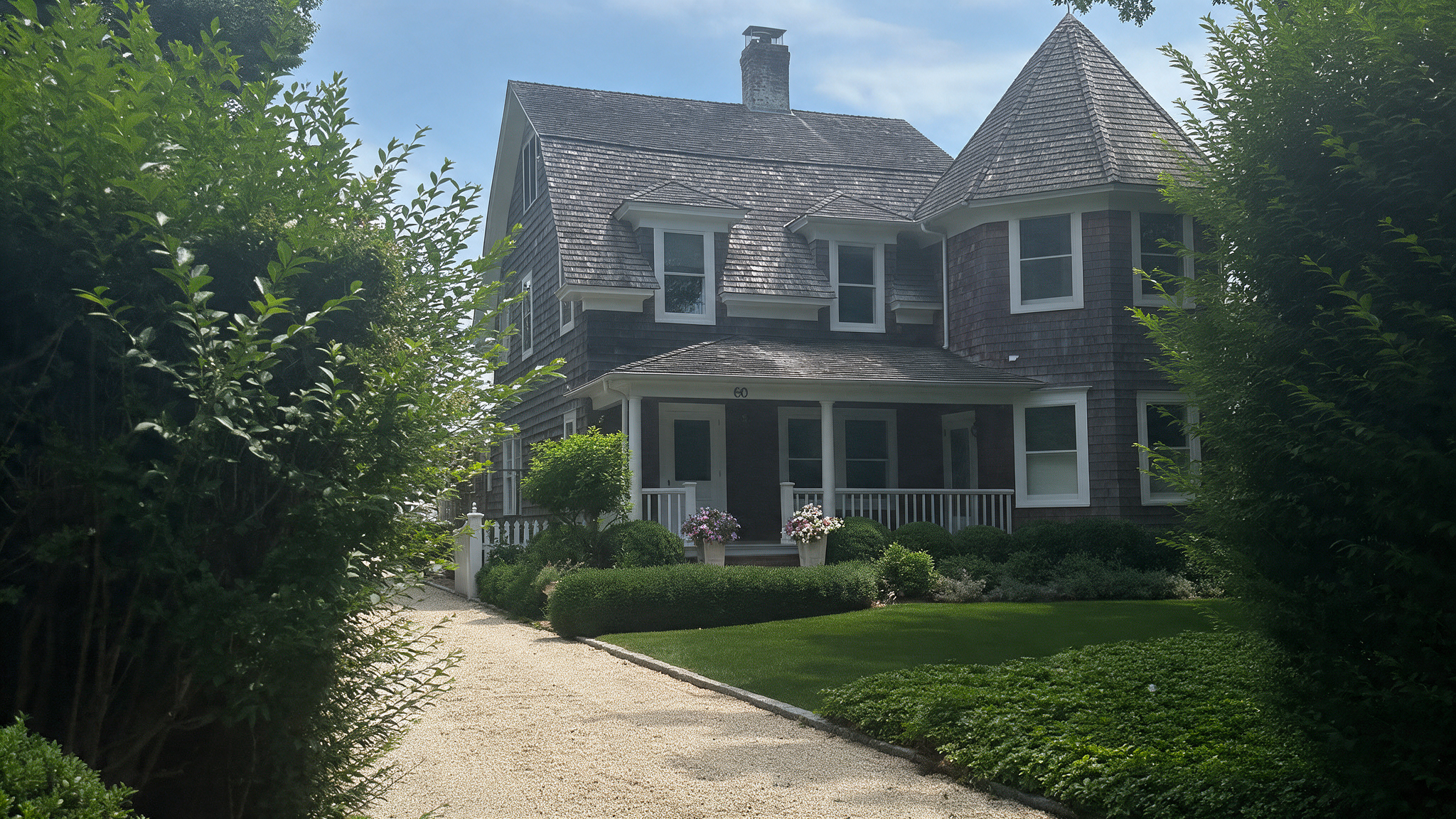 Gray cedar-shingle house with a covered front porch, lush green lawn, and gravel drive framed by tall hedges