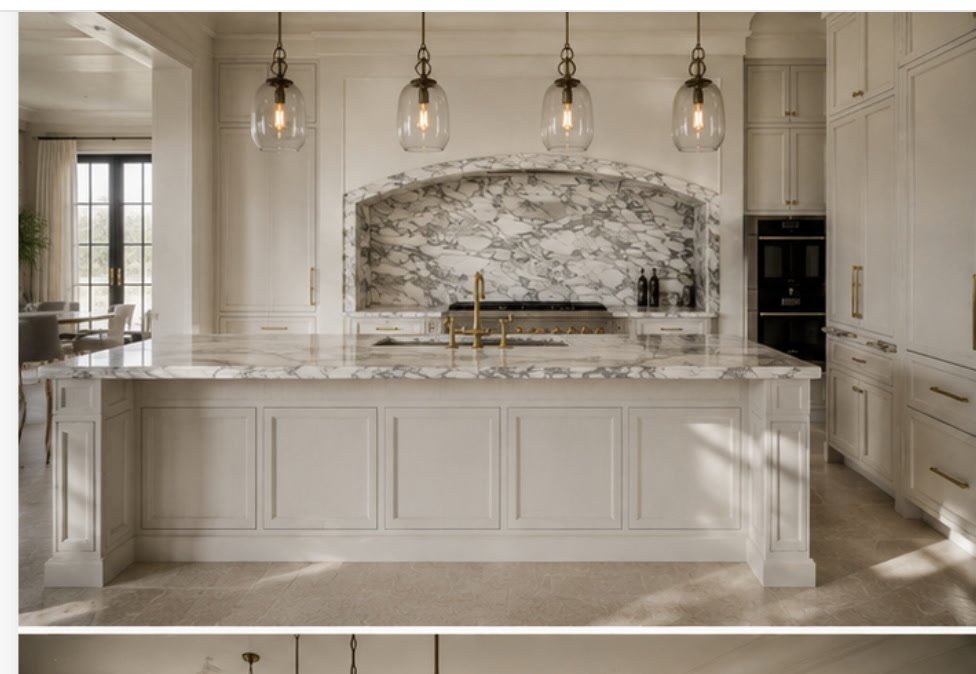 Finished Lincoln Park kitchen, straight-on: marble island, four glass pendants, and the arched Arabescato range wall.