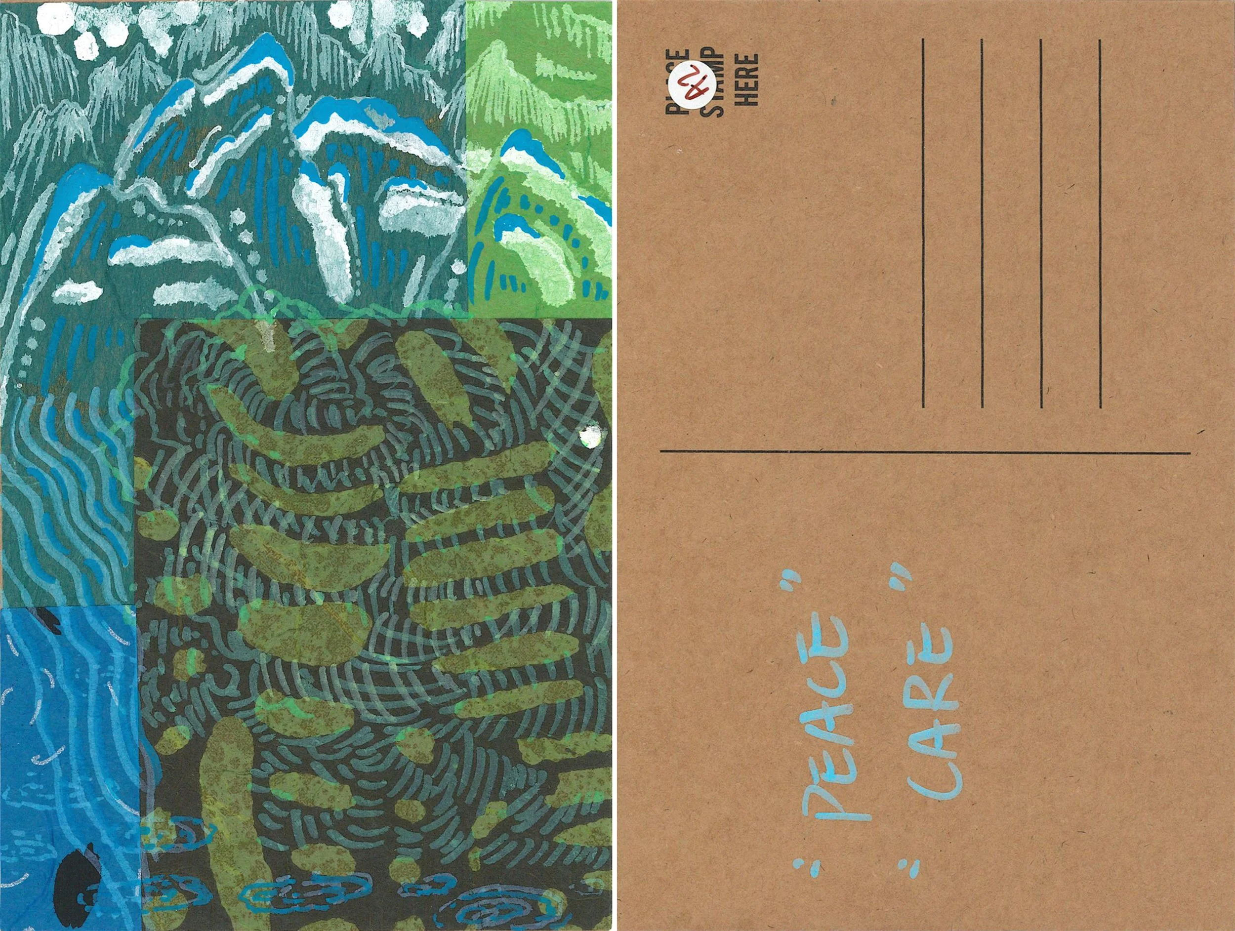 "Abstract collage with elements of mountains, trees, and rivers as well as different lines to represent the various ways people address protecting our shared world."