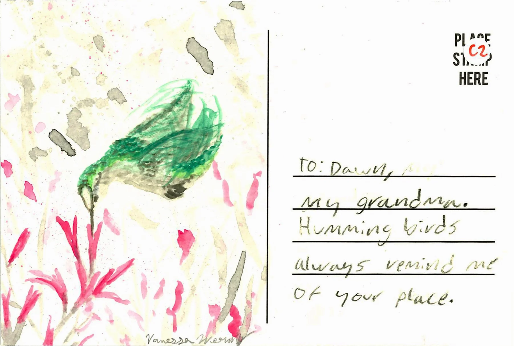 C2 (front): Hummingbird. "I'm just happy to notice pretty little things." Artist: Vanessa Wernz